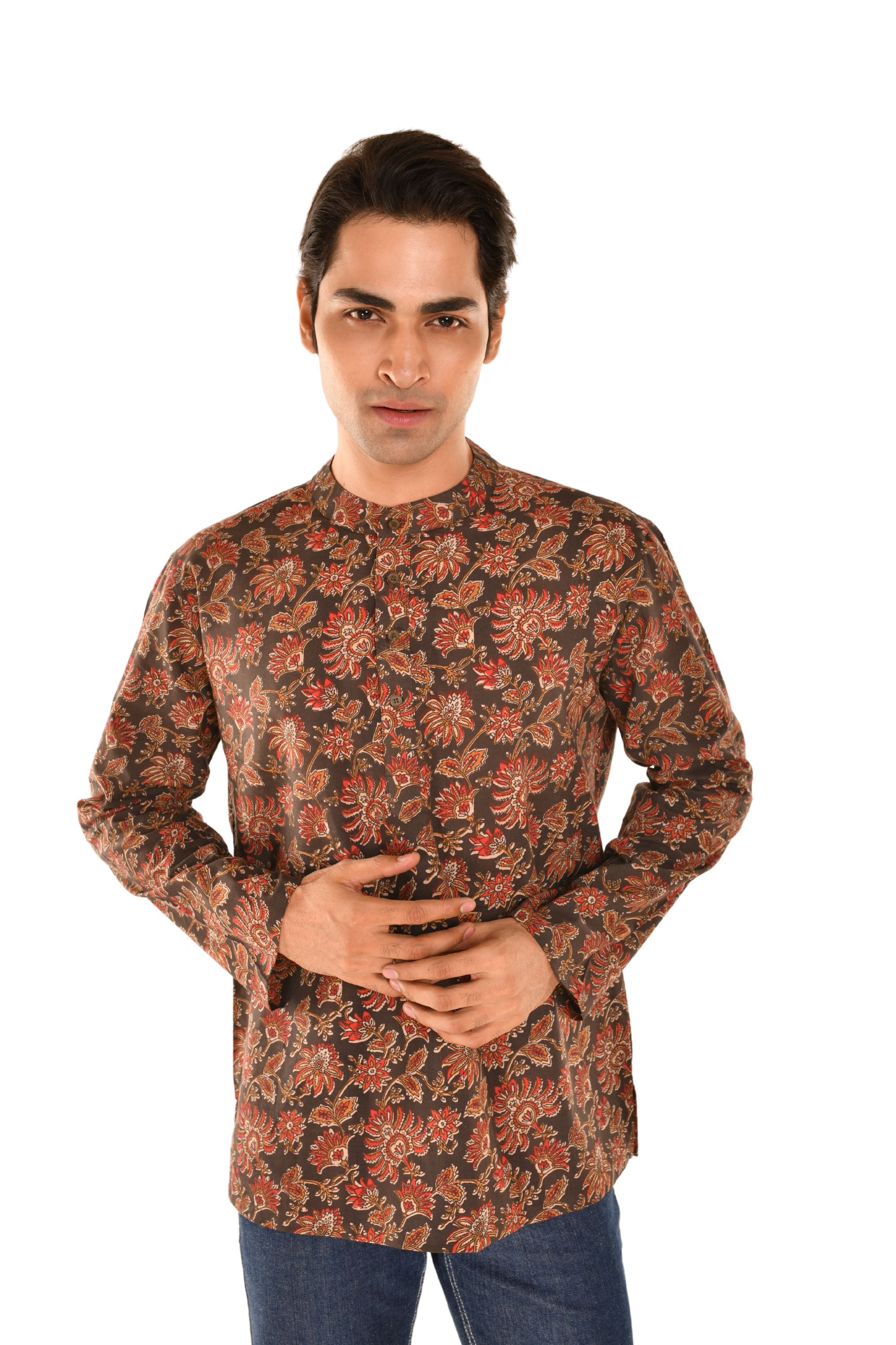 Brown Bagru Print Short Kurta with Ethnic Motifs