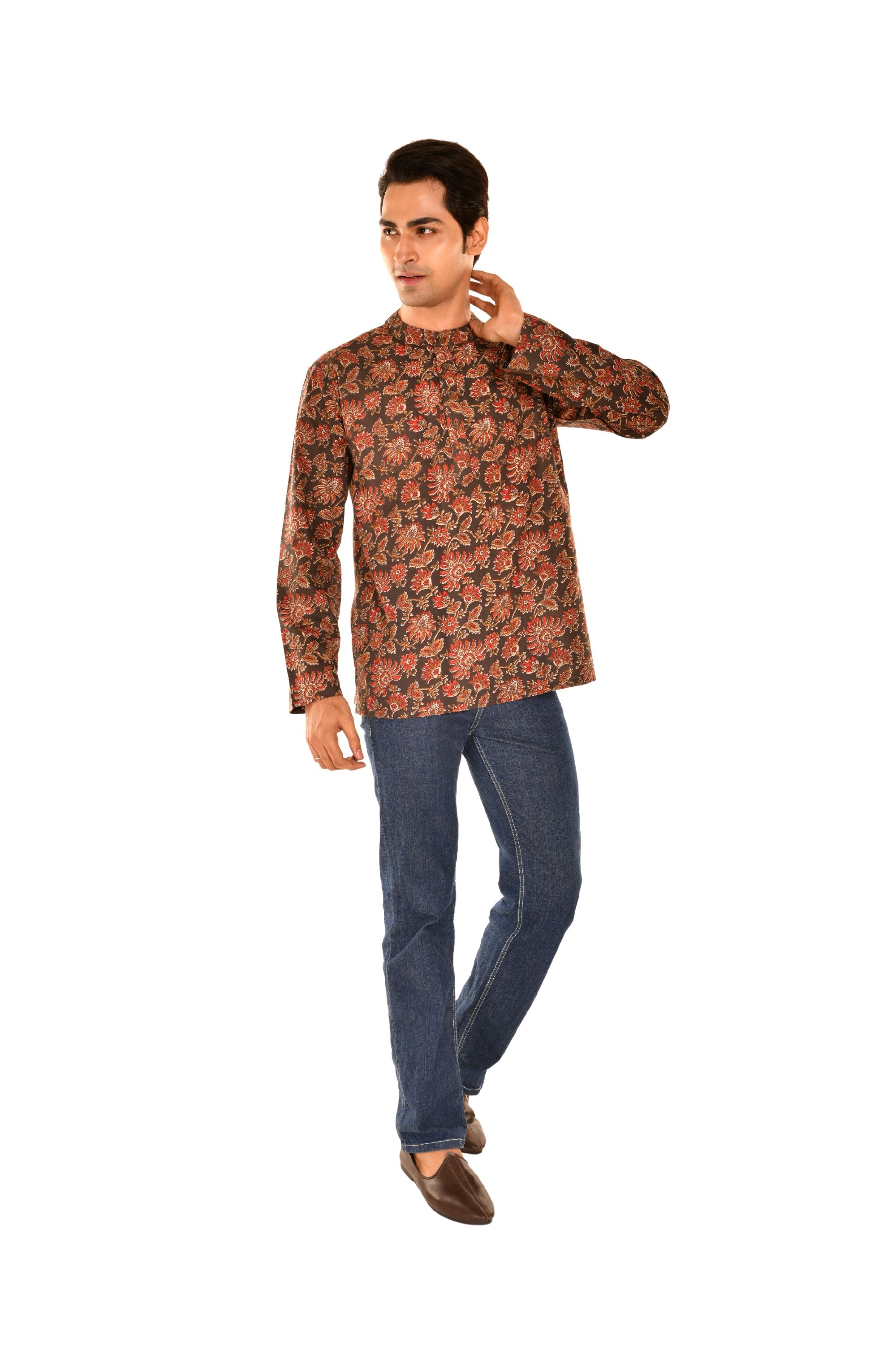 Brown Bagru Print Short Kurta with Ethnic Motifs Brown