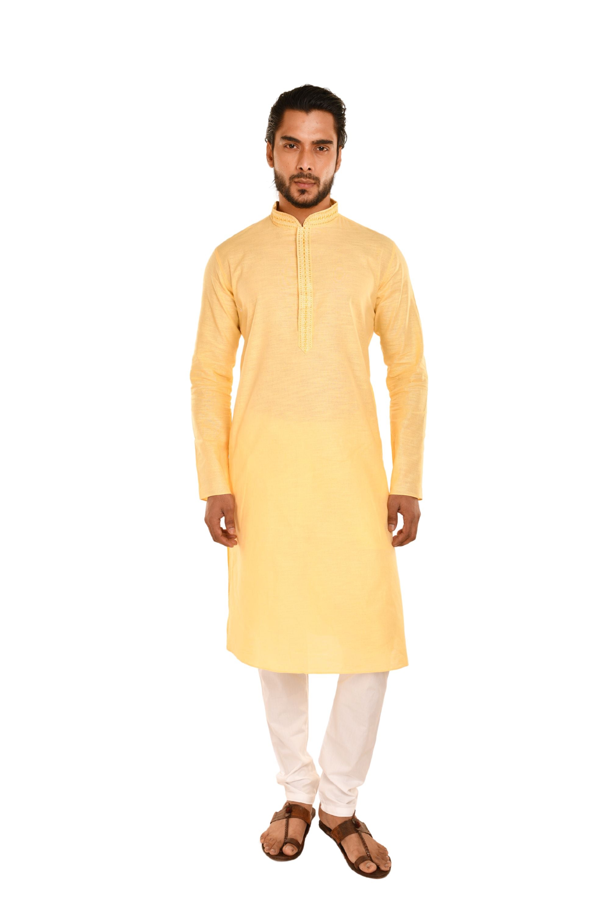 Cotton Embroidered Men's Long Kurta Lemon