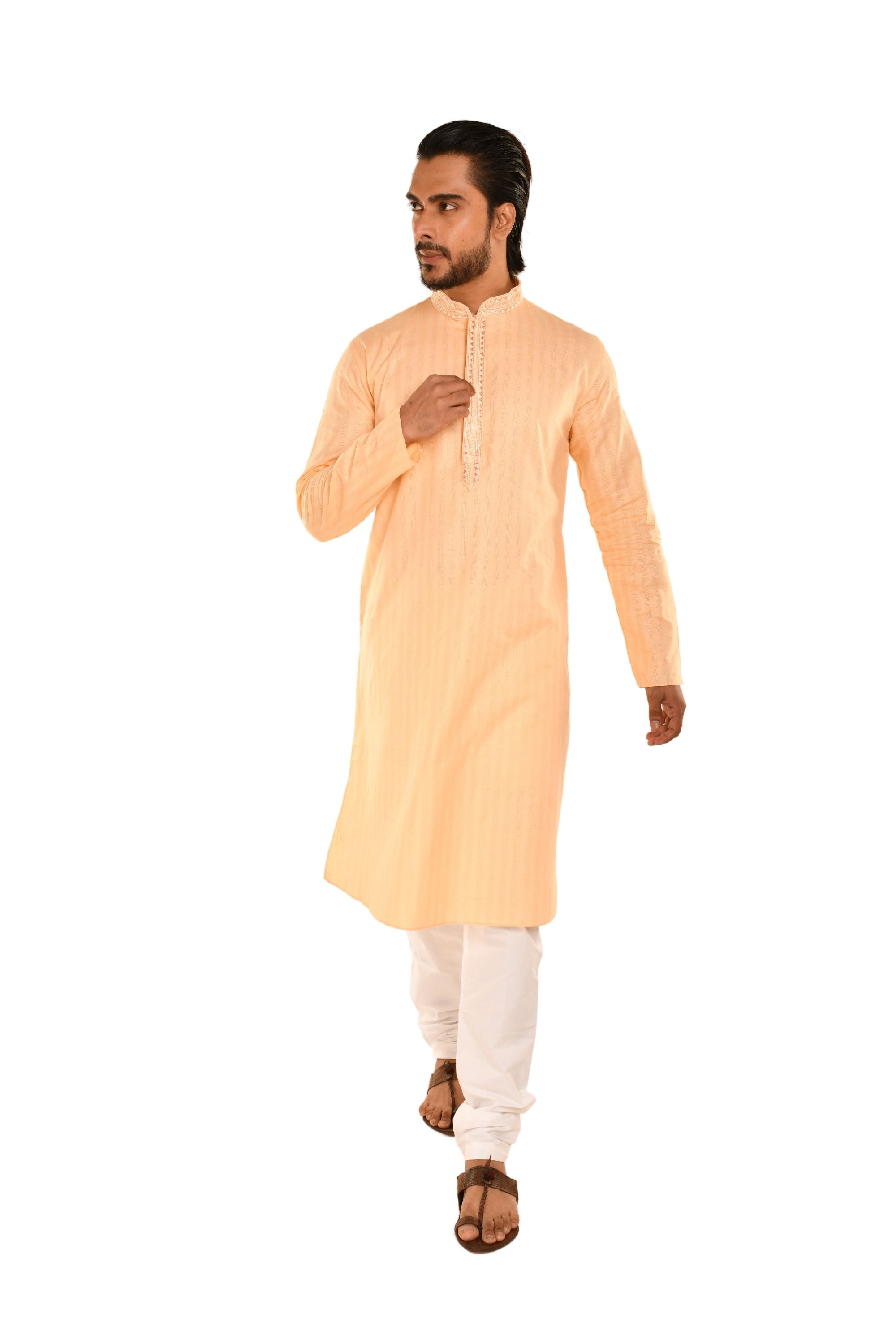 Cotton Embroidered Long Kurta Peach