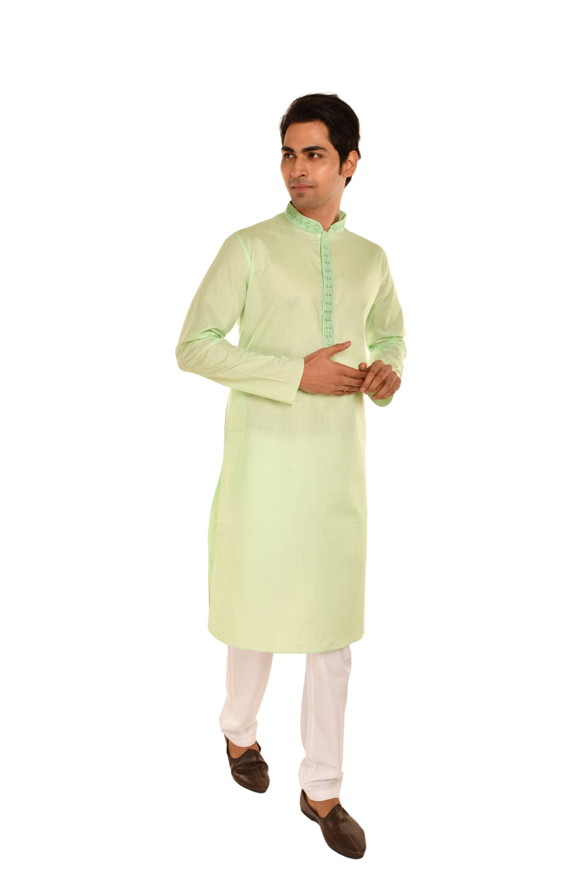 Floral Neck Embroidered Long Men's Kurta Green