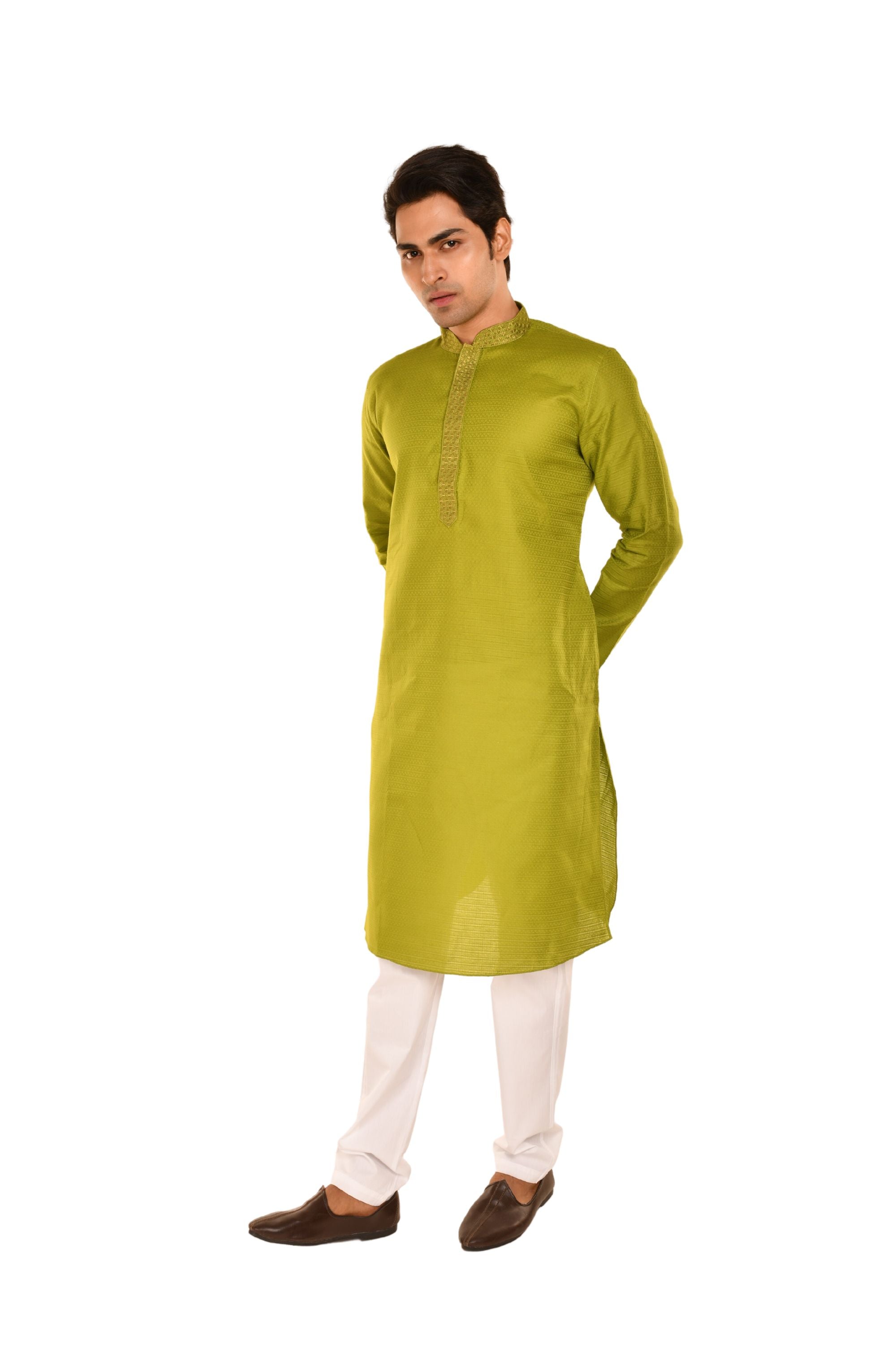 Basic Embroidered Straight Kurta for Men Mehndi