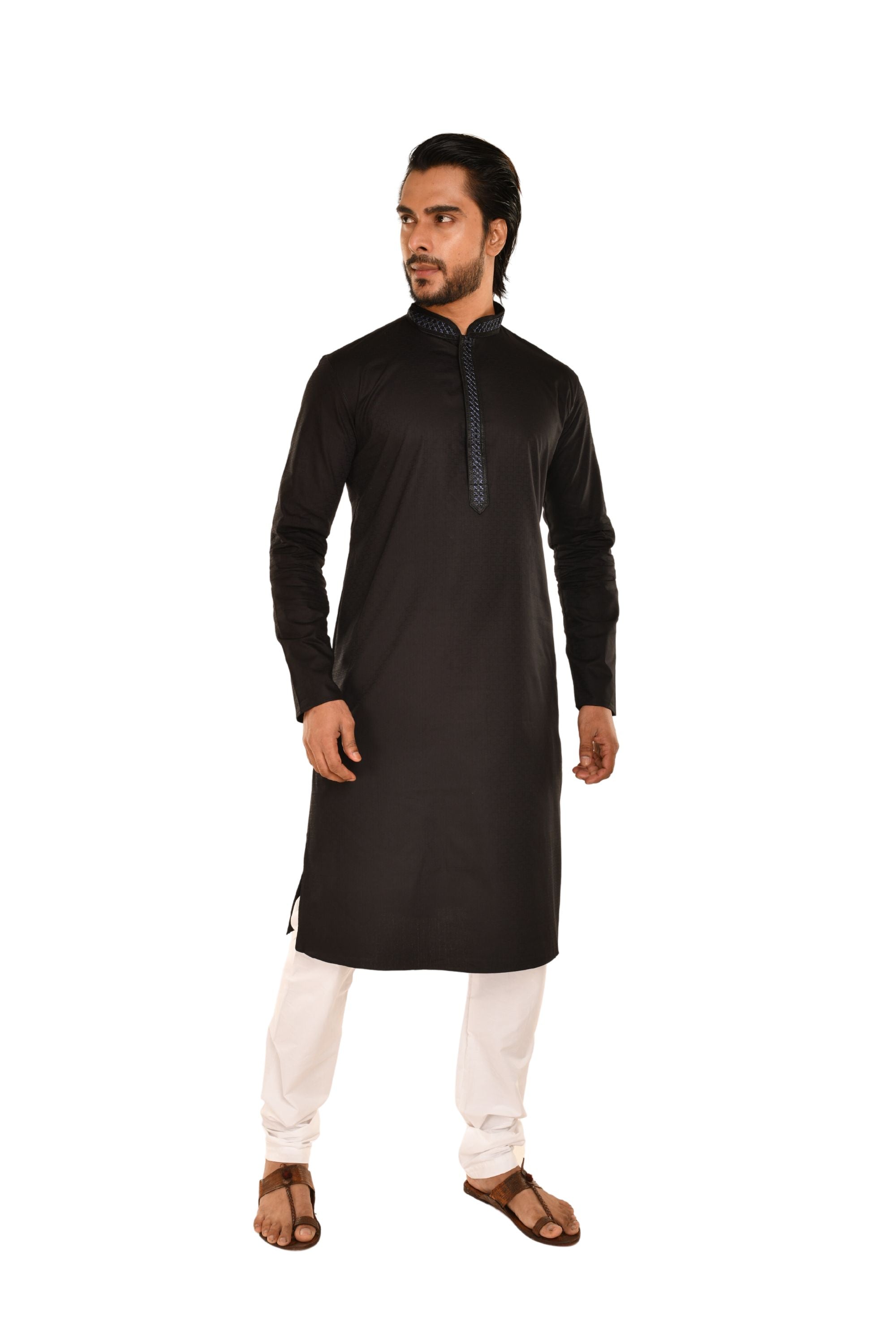 Delicate Neck Embroidered Cotton Kurta Black
