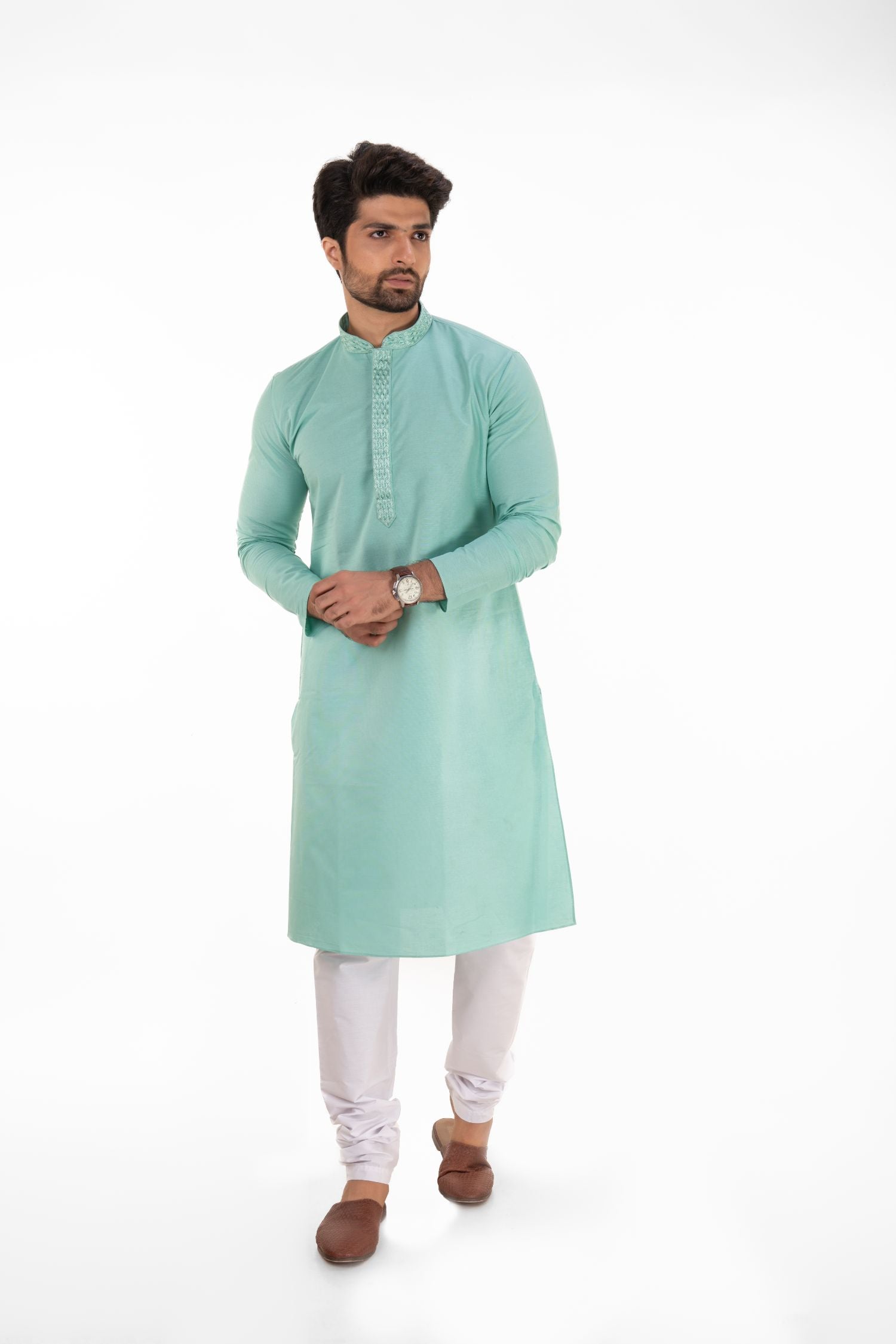 Cotton Embroidered Solid Kurta Light Green