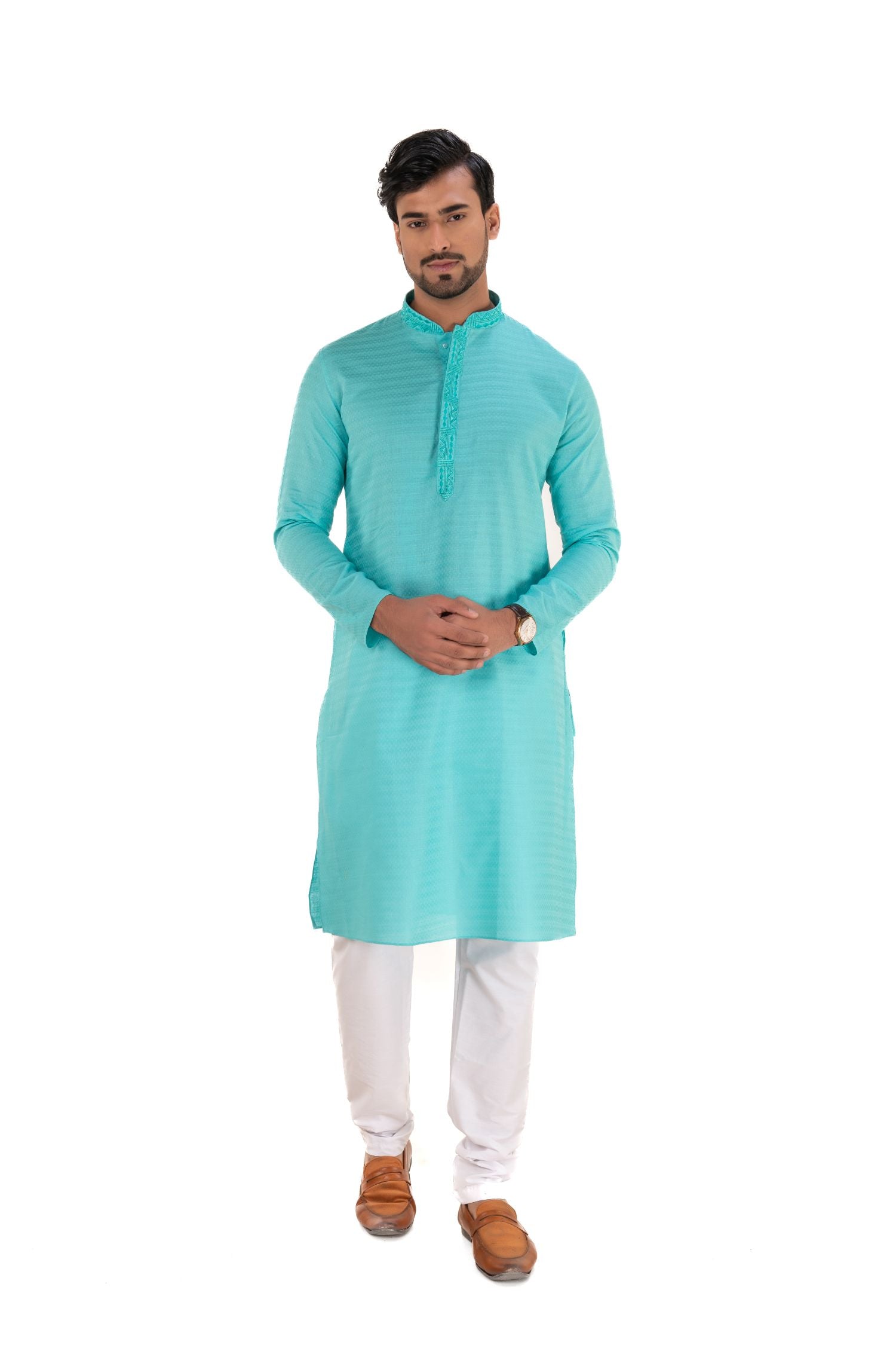 Self Printed Kurta with Neck Embroidery Sky Blue
