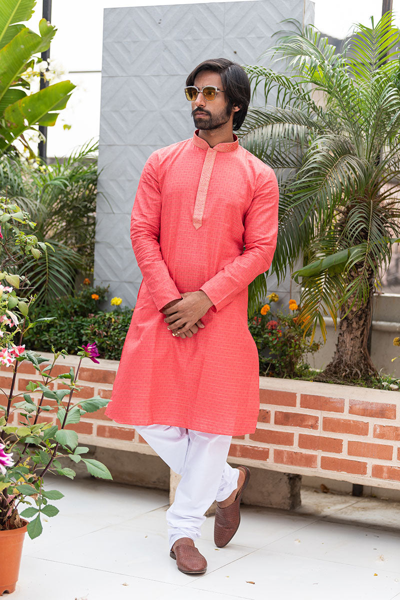 Self Printed Kurtas with Neck Embroidery Deep Pink