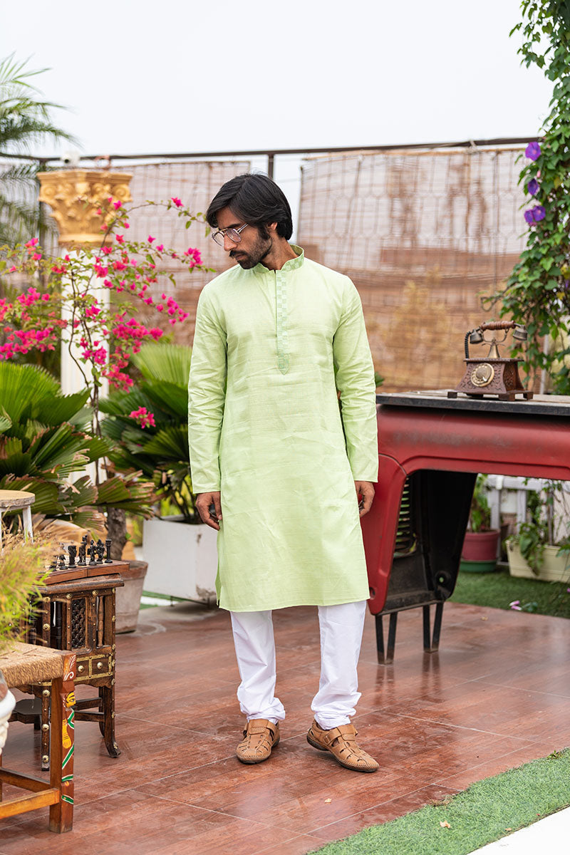Plain Kurtas with Horizontal Self Stripes Light Green