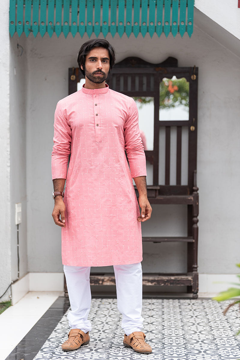 Straight Fit Checkered Print Cotton Kurta Deep Pink