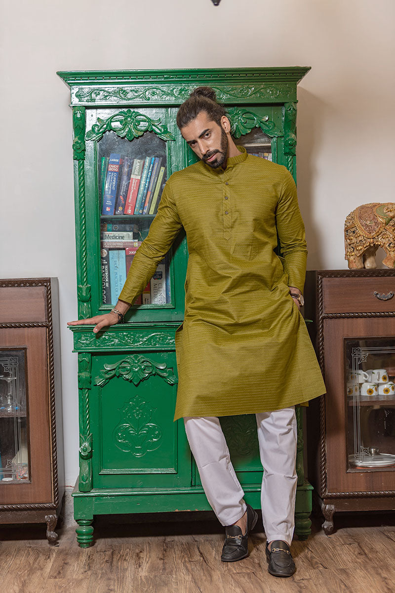 Cotton Kurta with Horizontal Stripes Moss Green