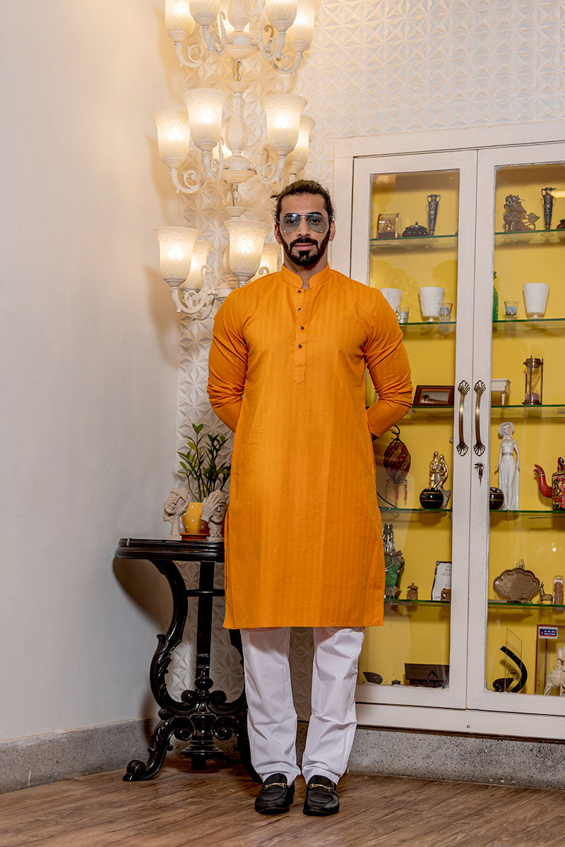 Cotton Kurta with Self Vertical Stripes Orange
