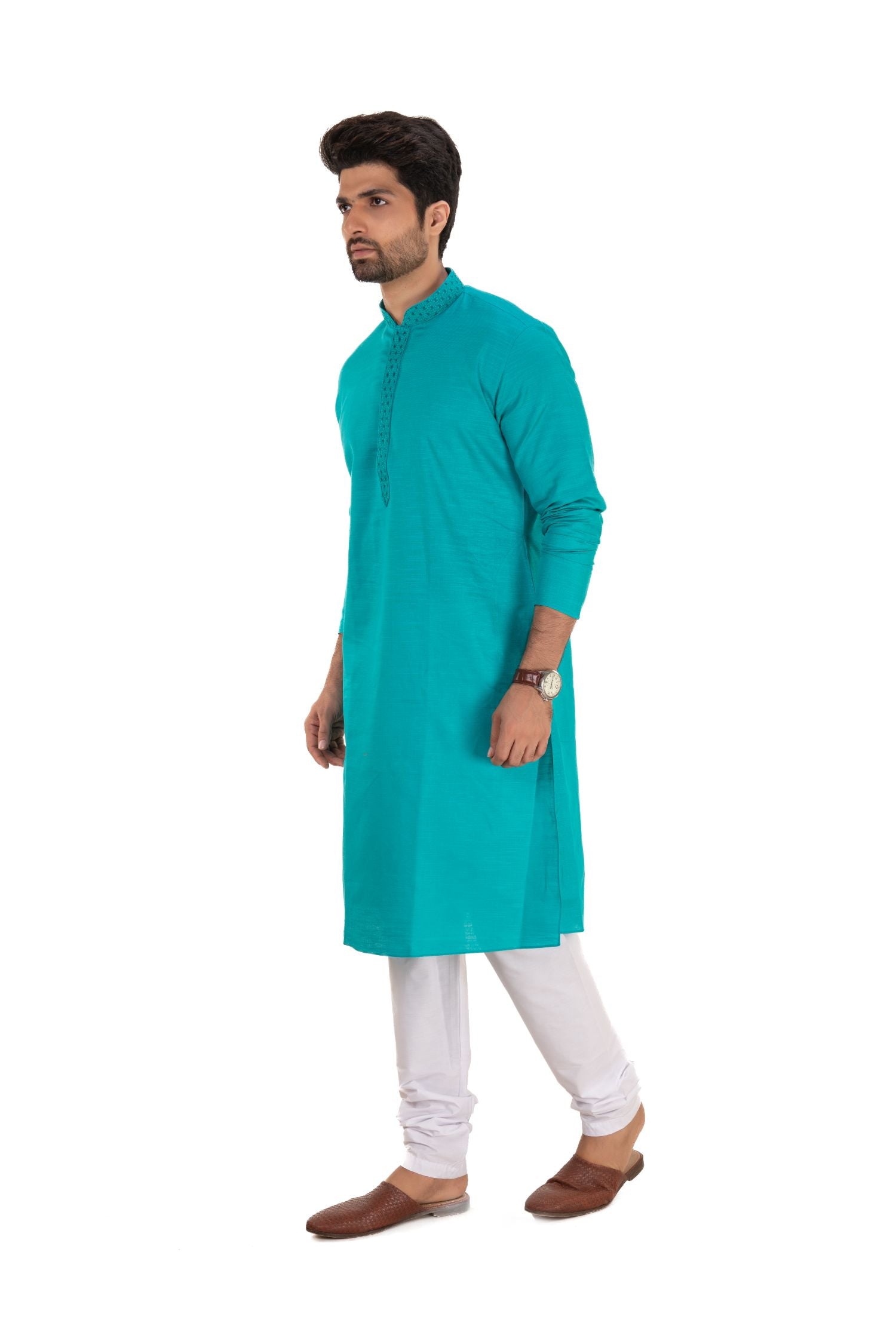 Men's Long Kurta with Embroidered Mandarin Collar