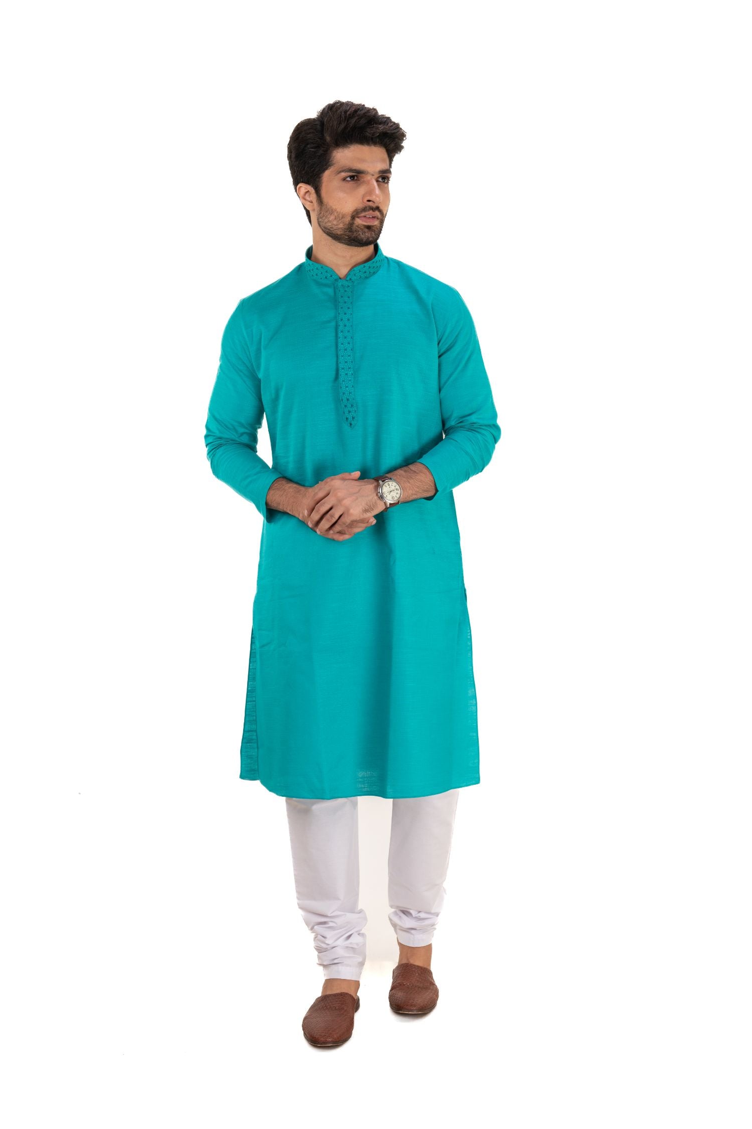 Men's Long Kurta with Embroidered Mandarin Collar Teal