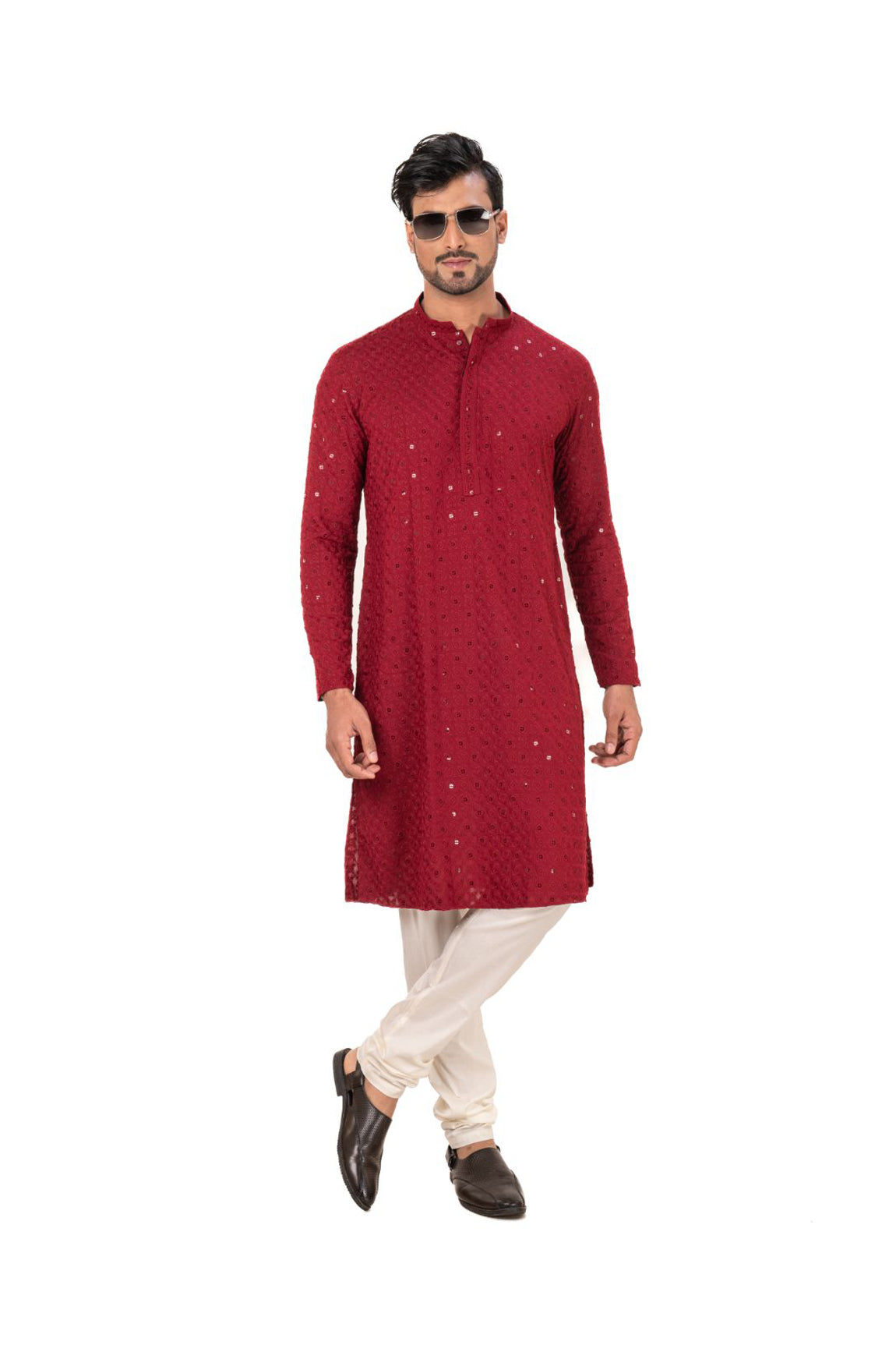 Geometric Chikankari Embroidered Kurta Set Maroon