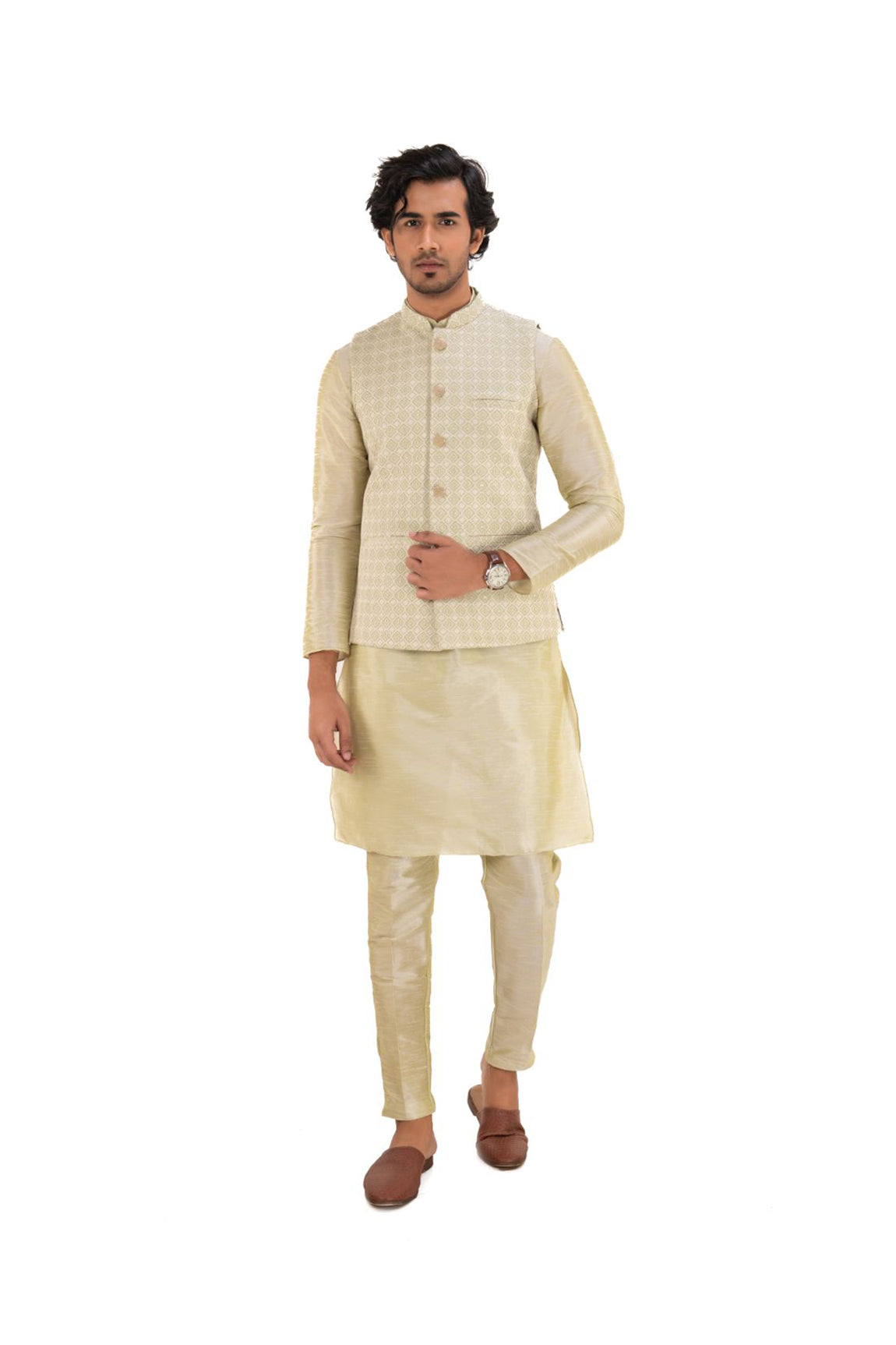 Timeless Lucknavi Chikan Work Nehru Jacket Light Green