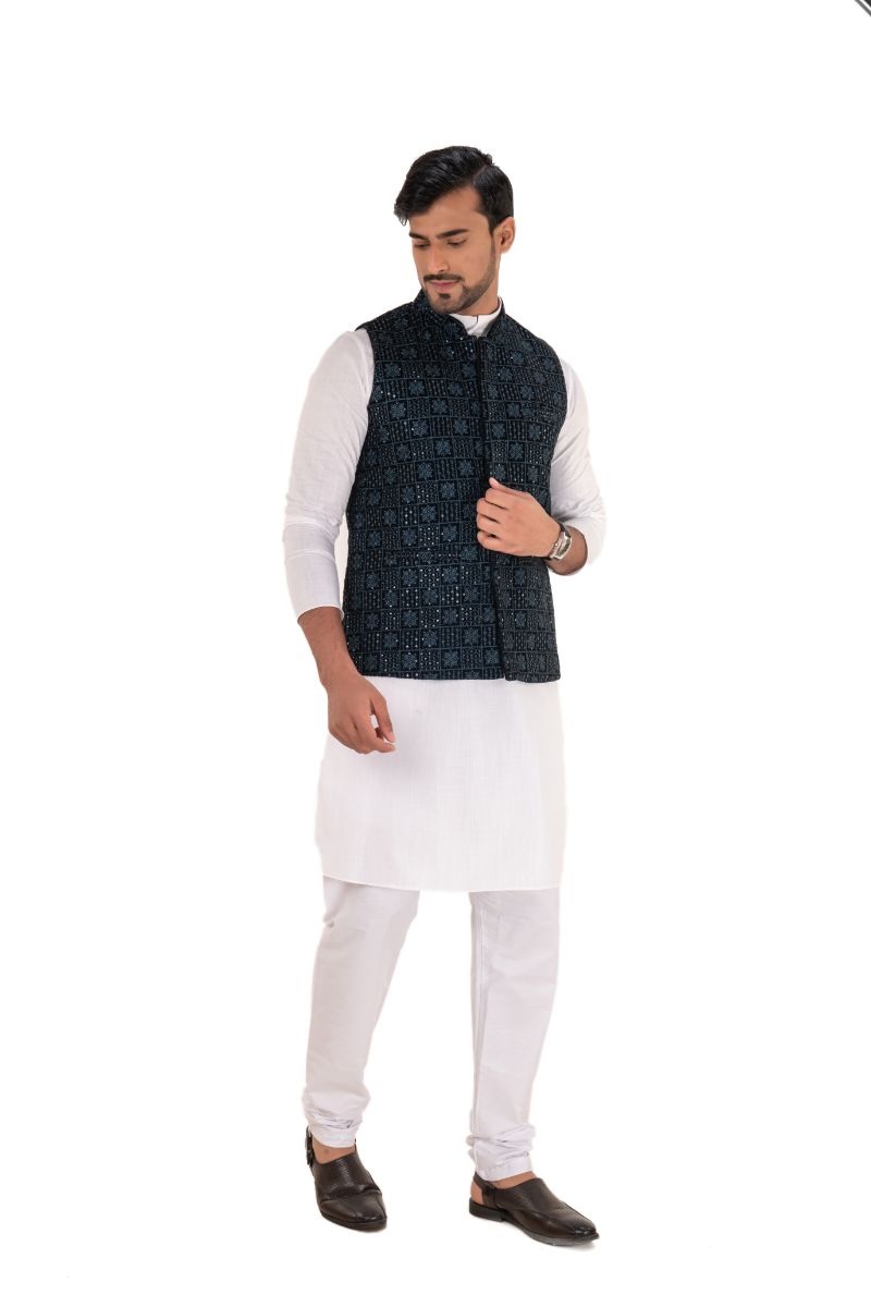 Sequins Embroidered Velvet Nehru Jacket Blue