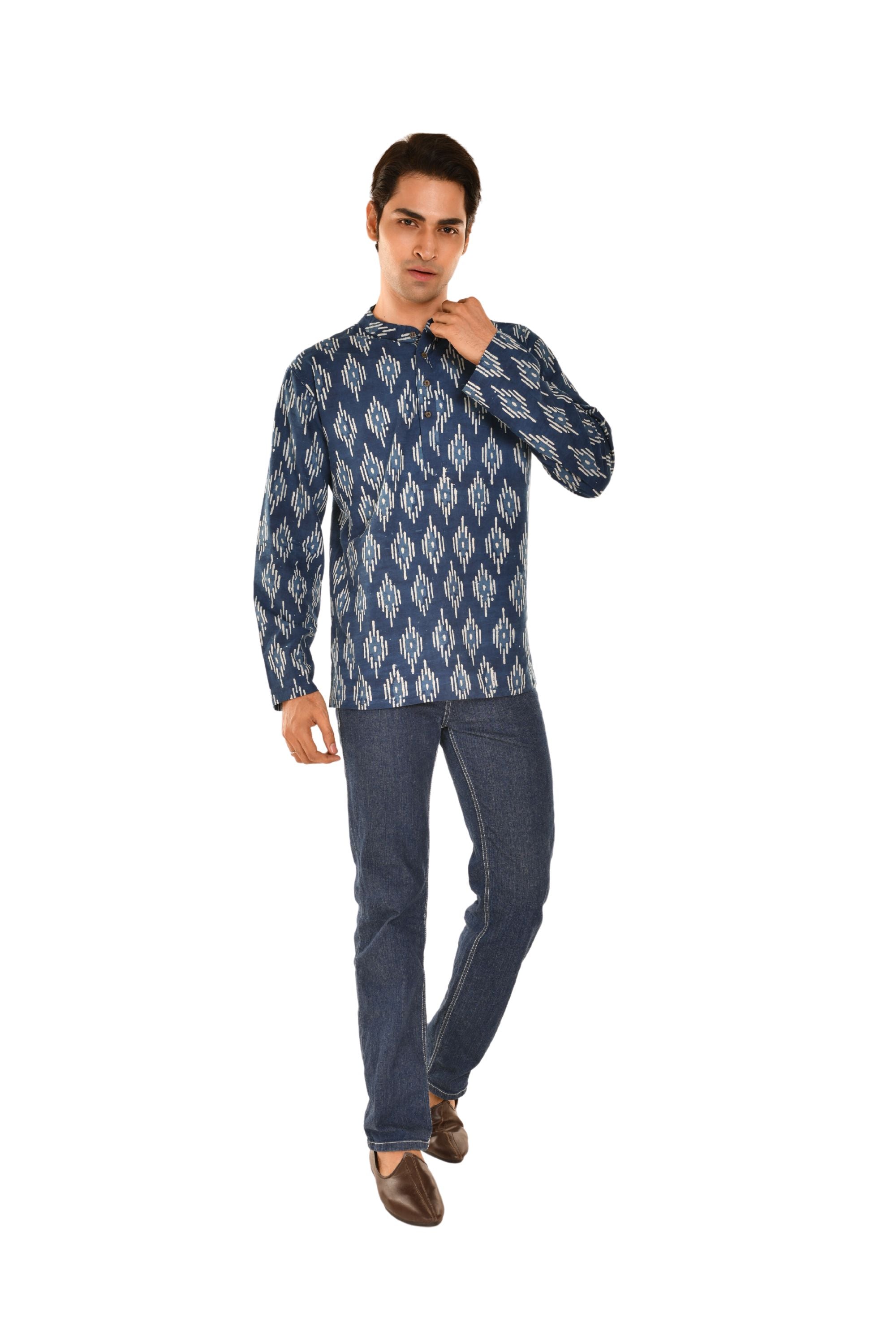 Indigo Gemometric Print Jaipuri Short Kurta Indigo