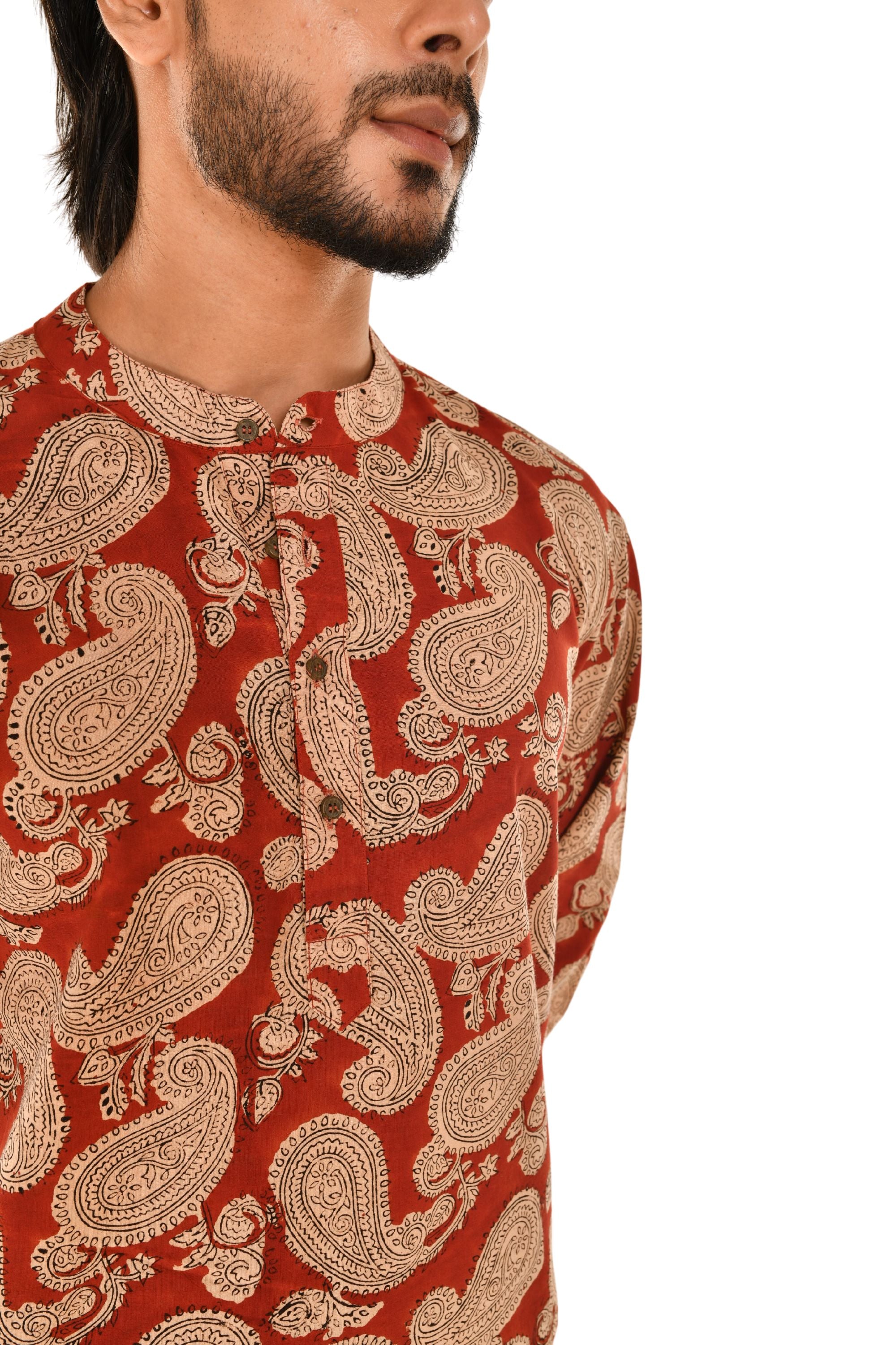 Red Sanganeri Print Short Kurta with Ethnic Motifs