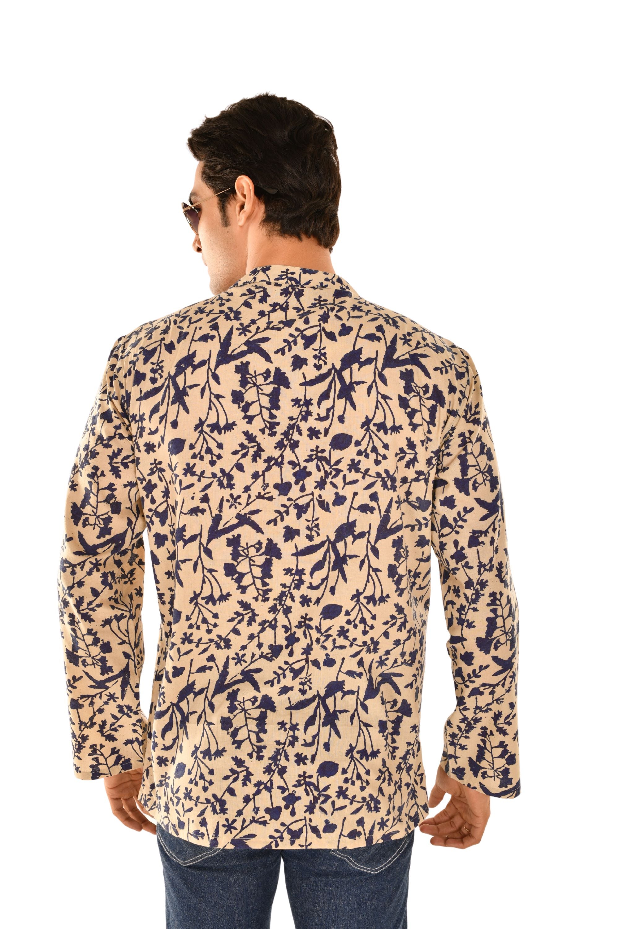 Cream and Blue Jaipuri Print Short Kurta