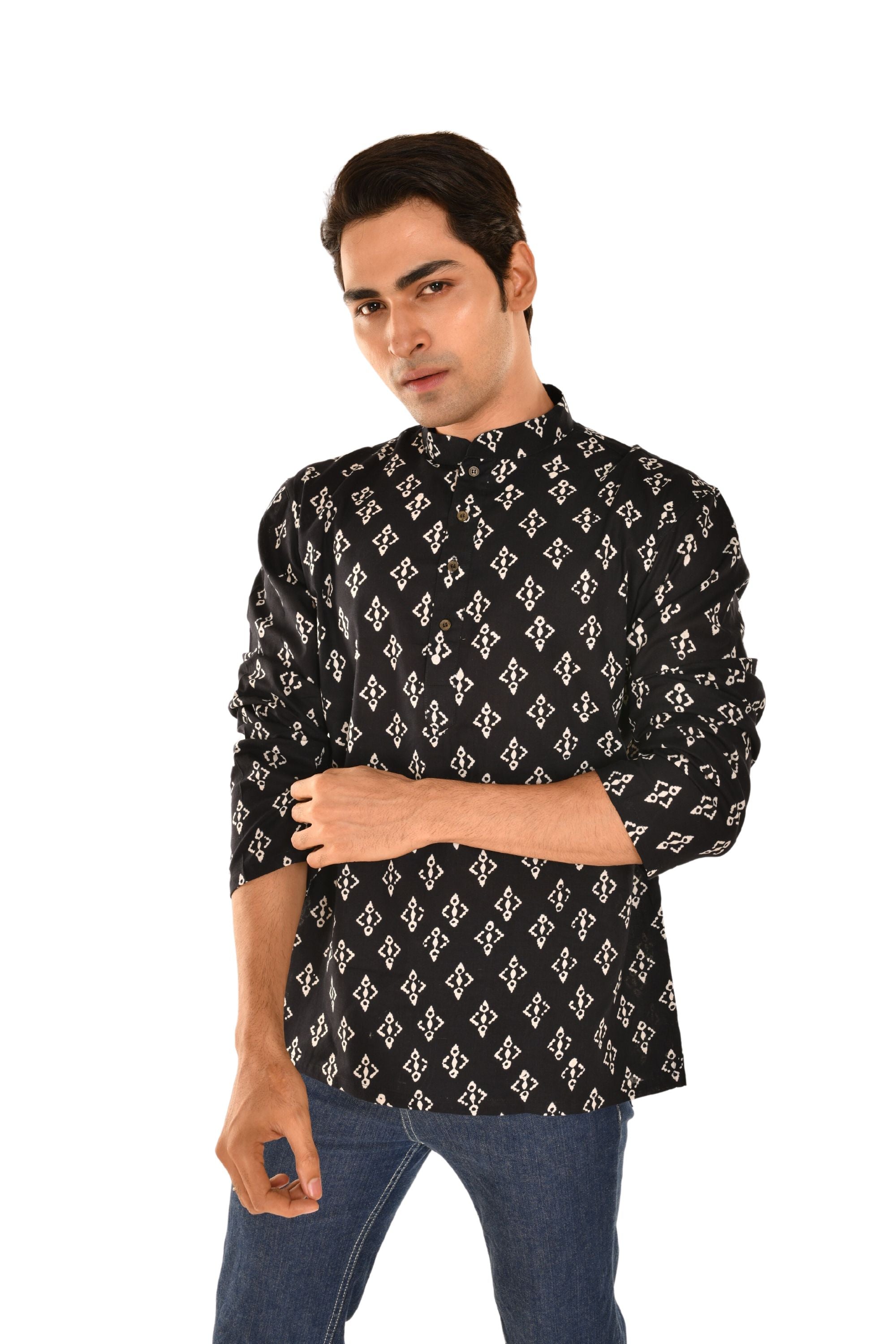 Navy Blue Block Print Short Kurta