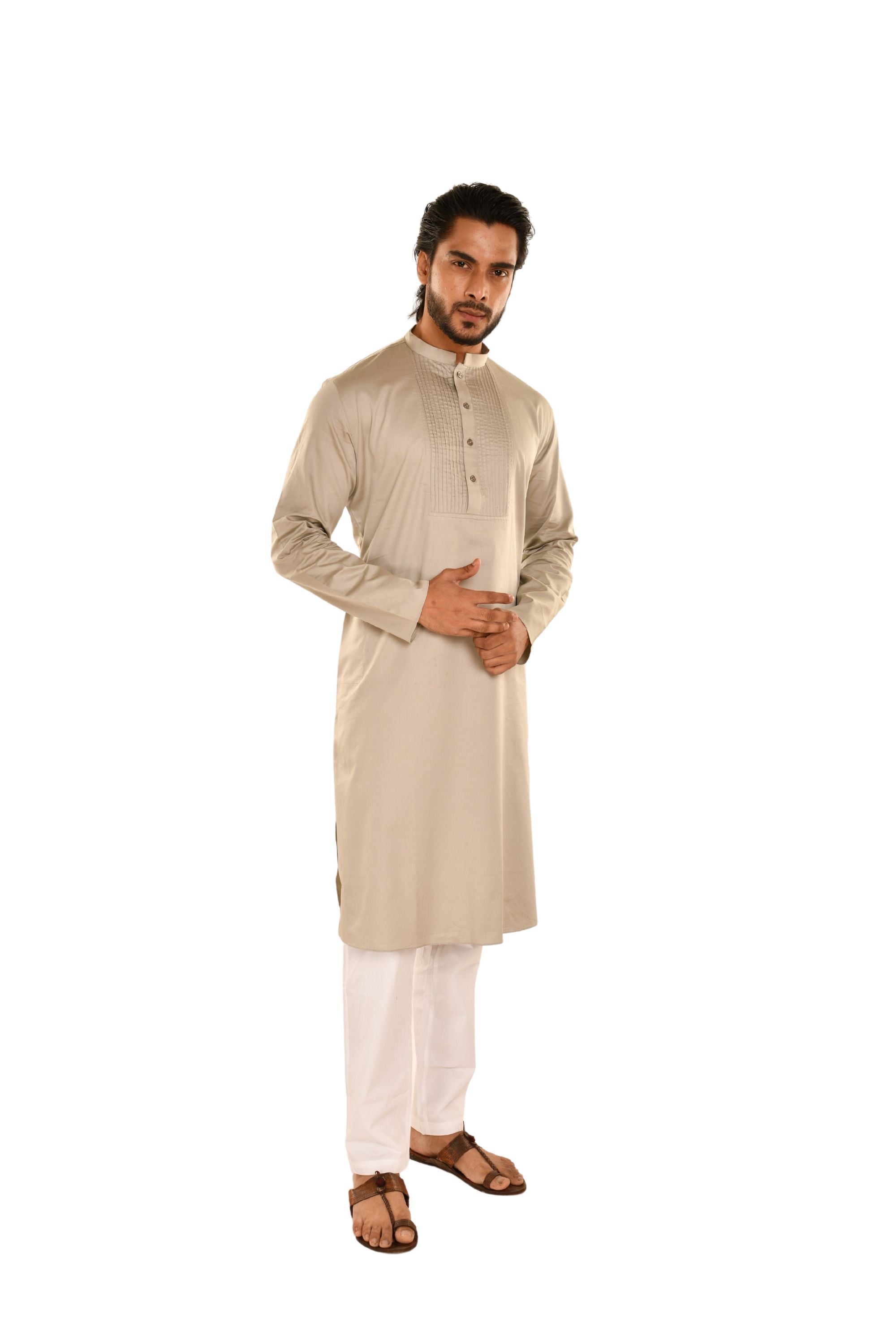 Cotton Comfort Fit Long Kurta Light Grey