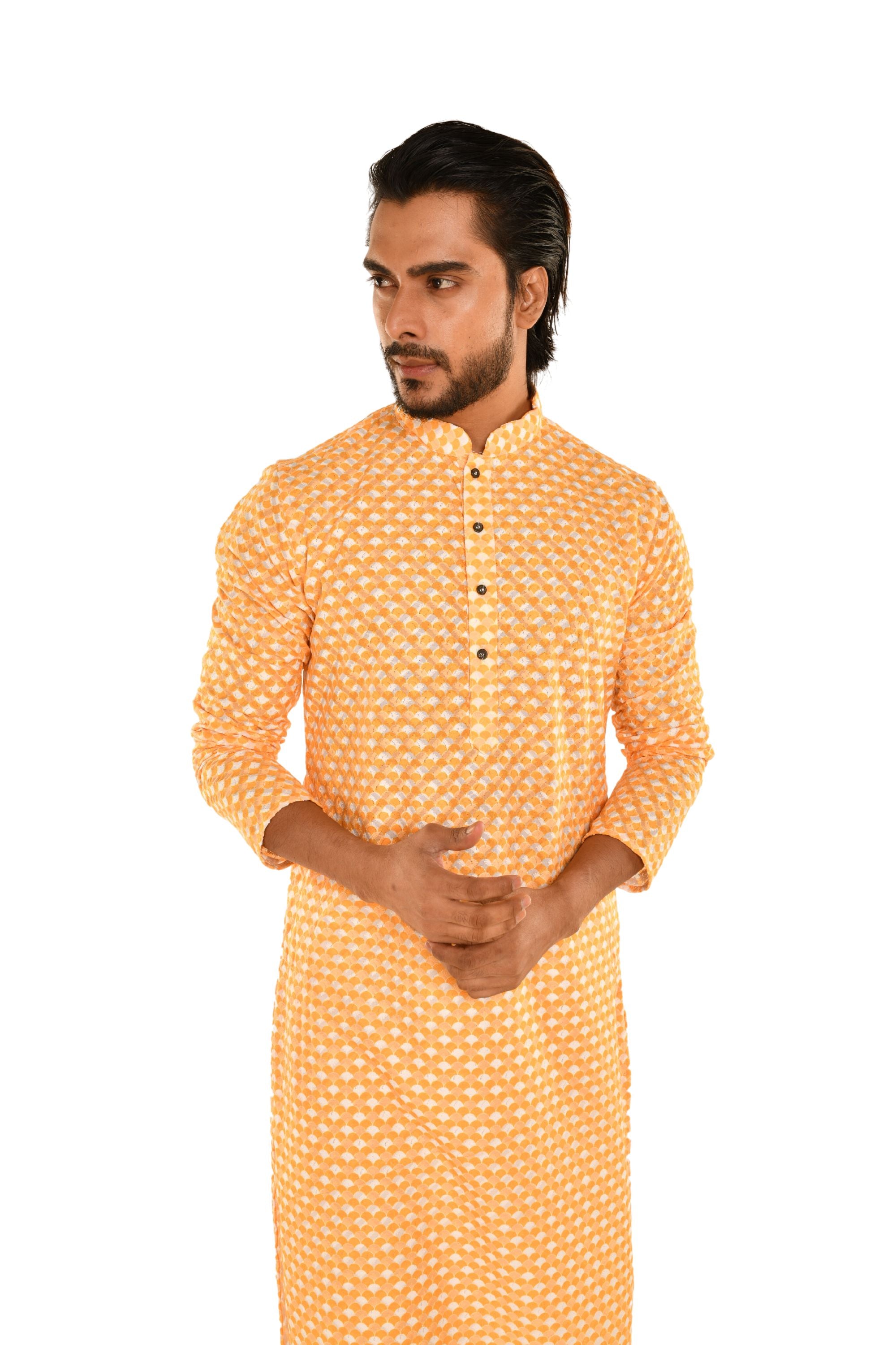Men Coral Chikankari Kurta Yellow