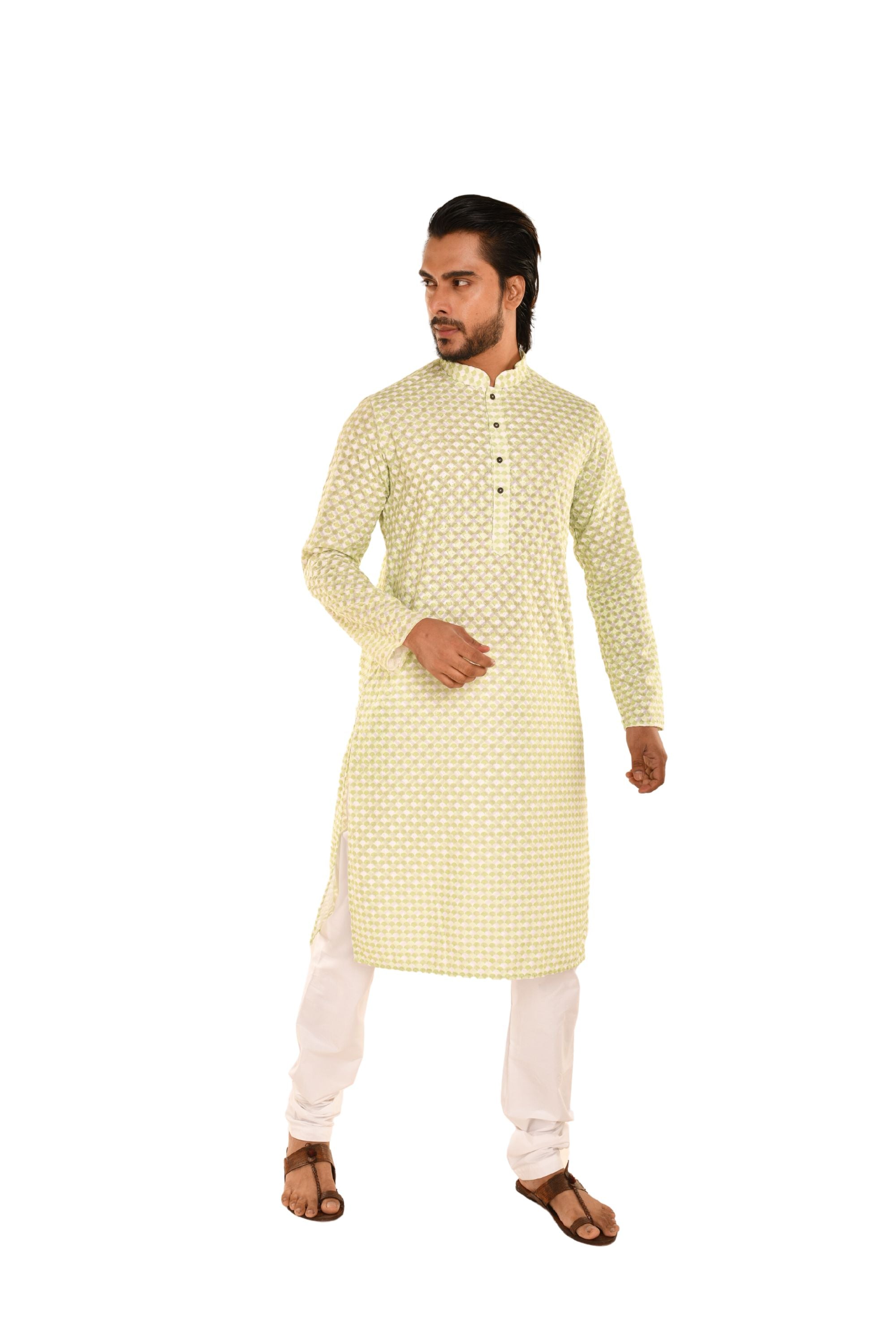 Men Coral Chikankari Kurta Light Green