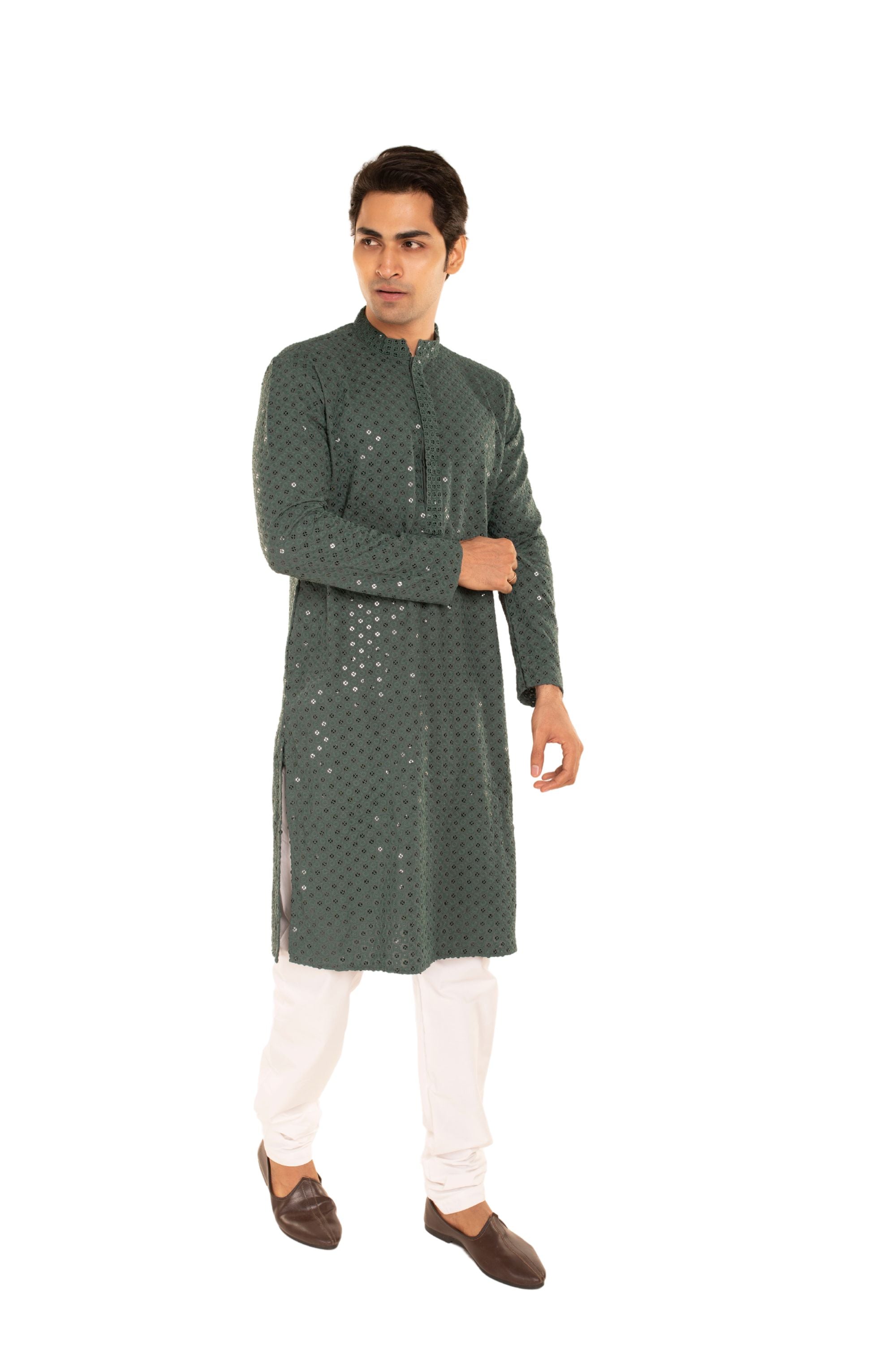 Men Embroidered and Seqence Chikankari Kurta Green