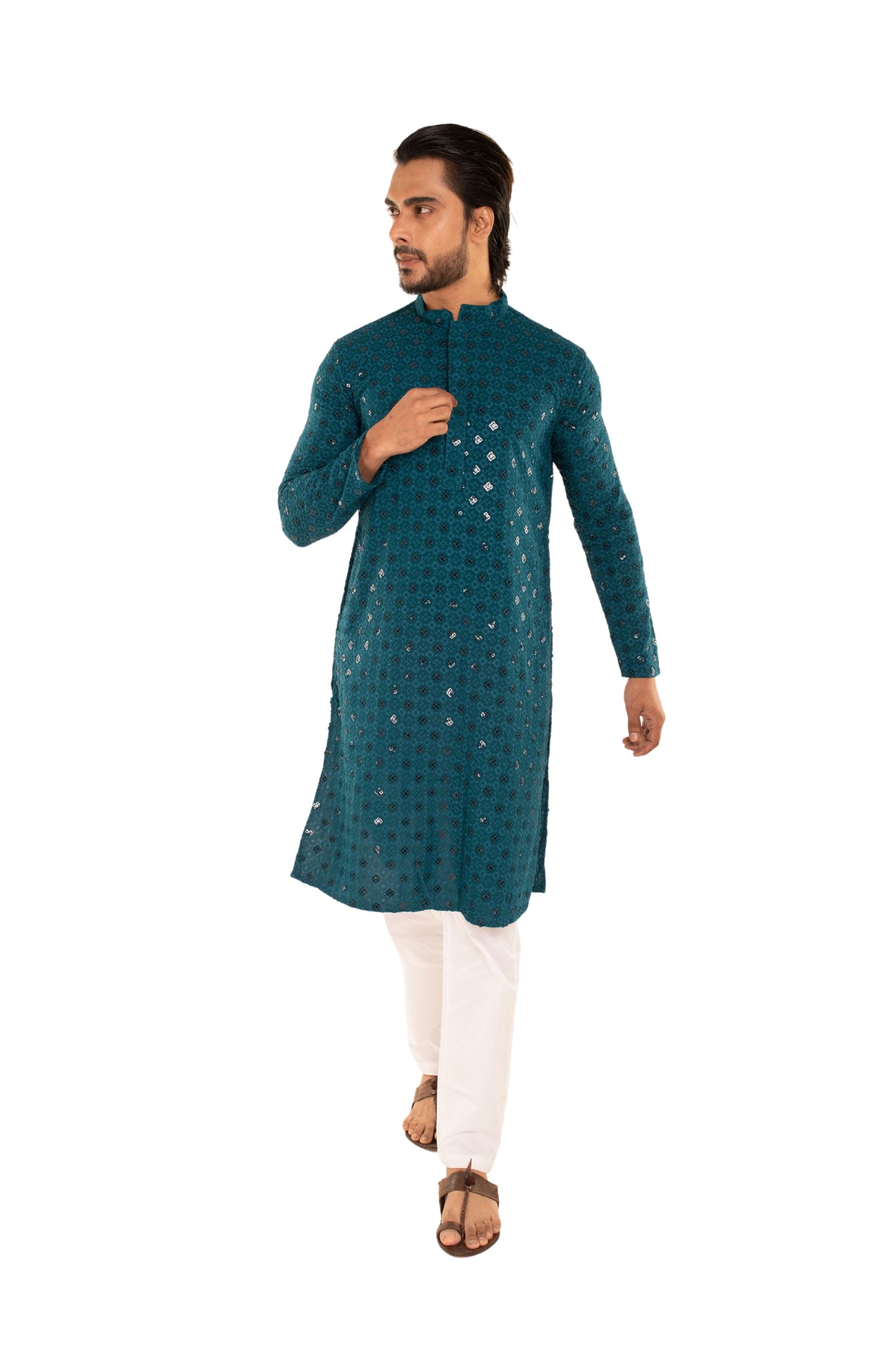Men Jacquard Pattern Chikankari Kurta Rama Green