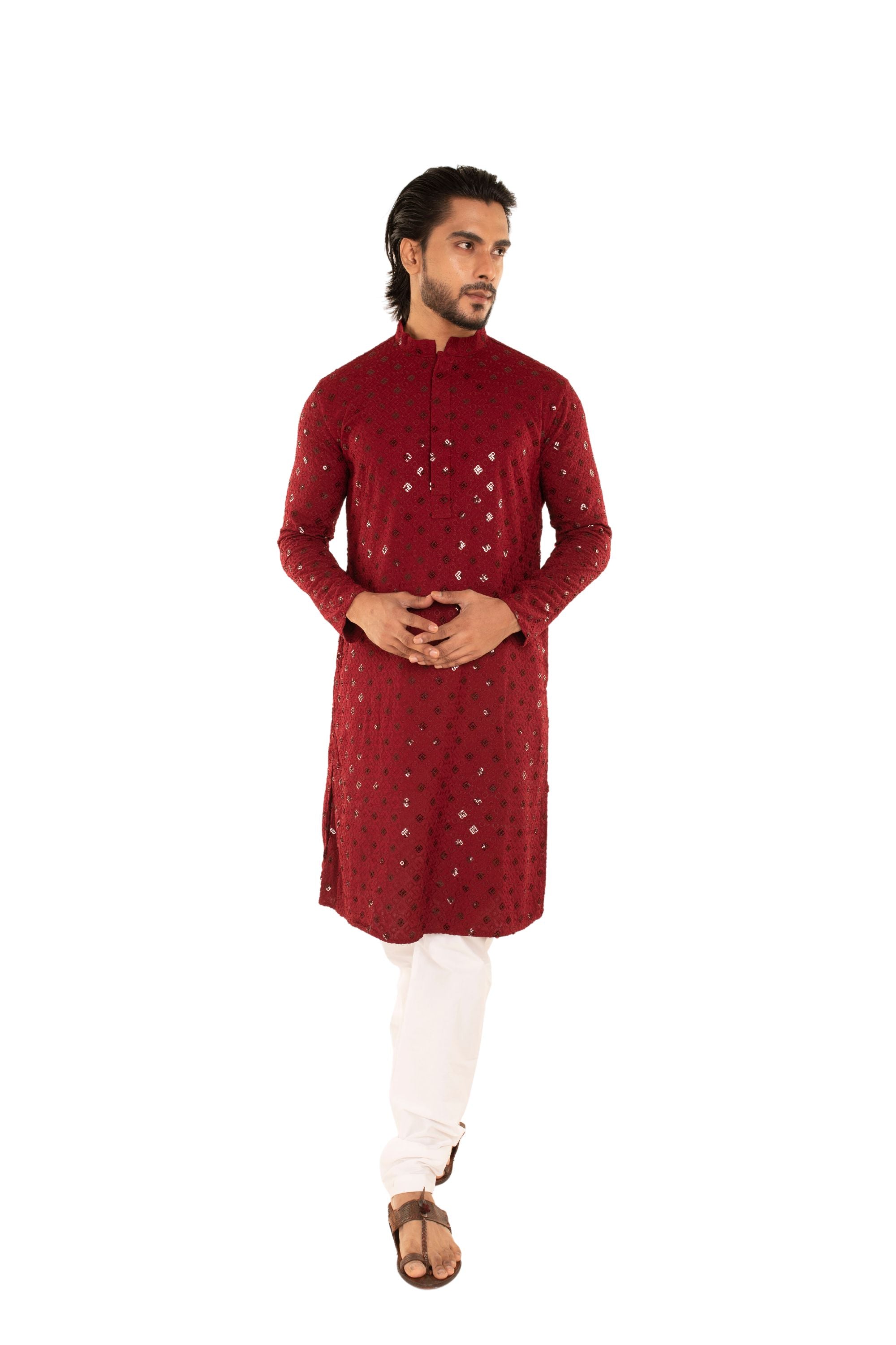 Men Jacquard Pattern Chikankari Kurta Maroon