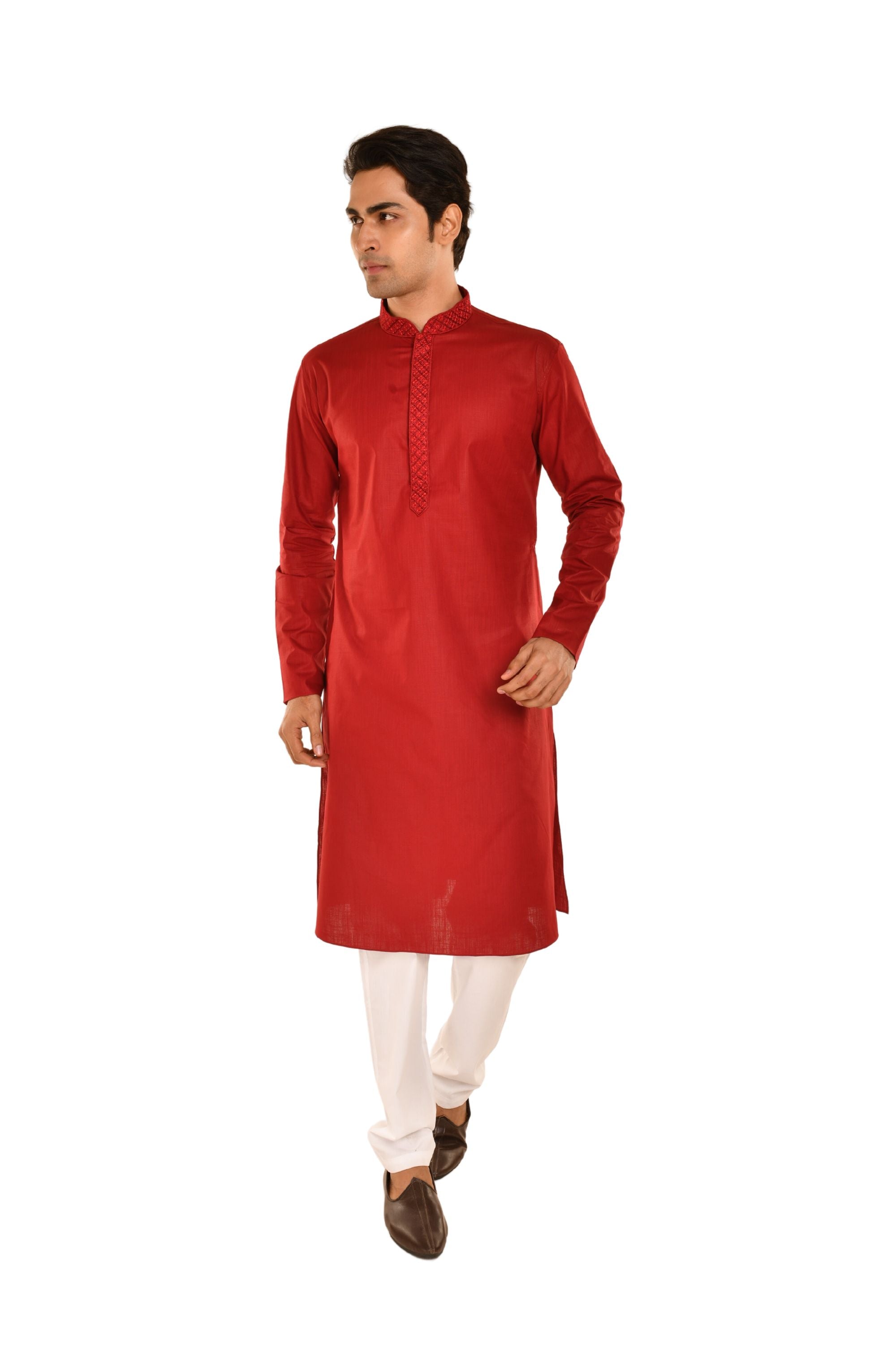 Neck Embroidered Pure Cotton Kurta Maroon
