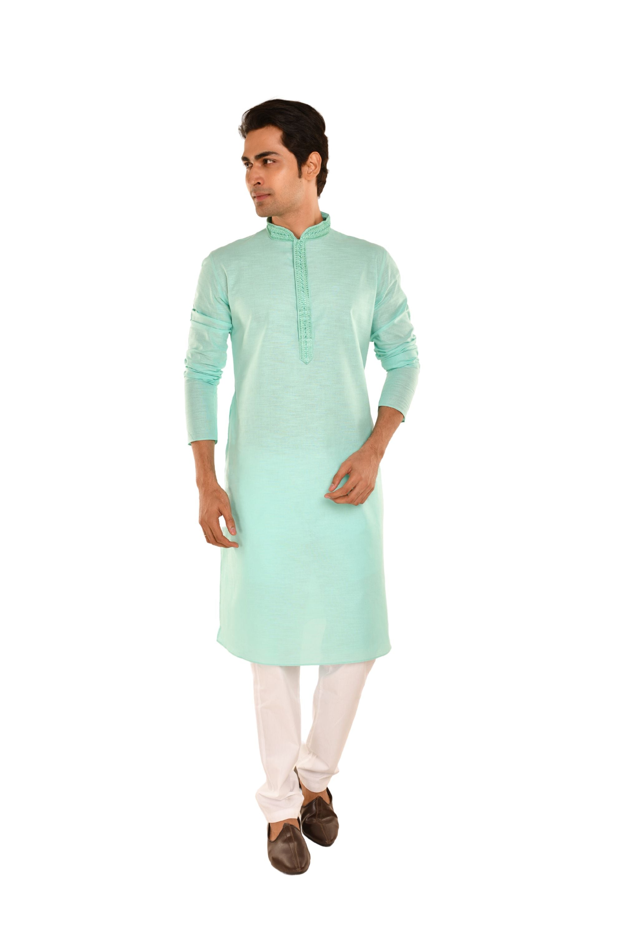 Cotton Embroidered Men's Long Kurta Sea Green