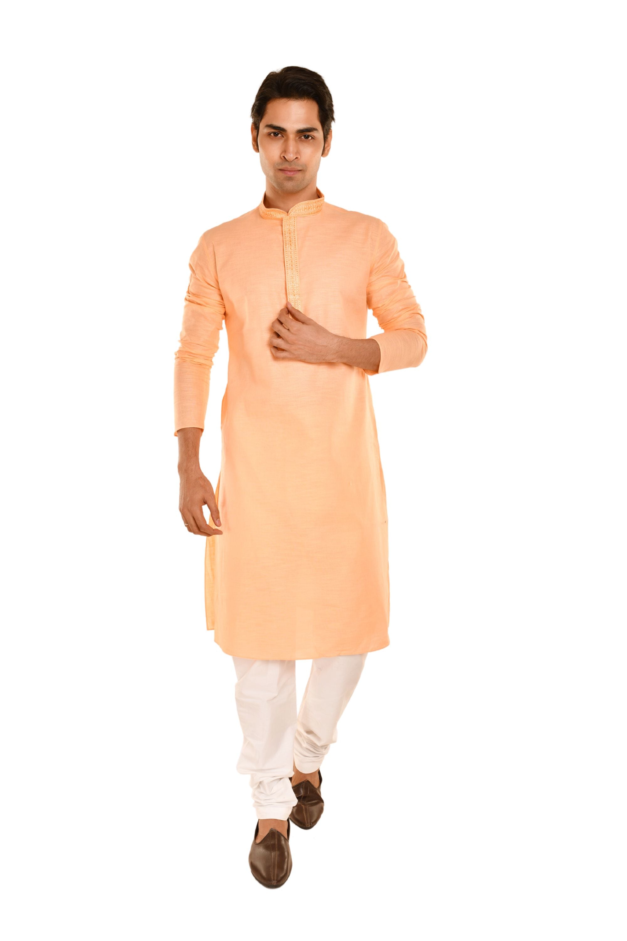 Cotton Embroidered Men's Long Kurta Peach