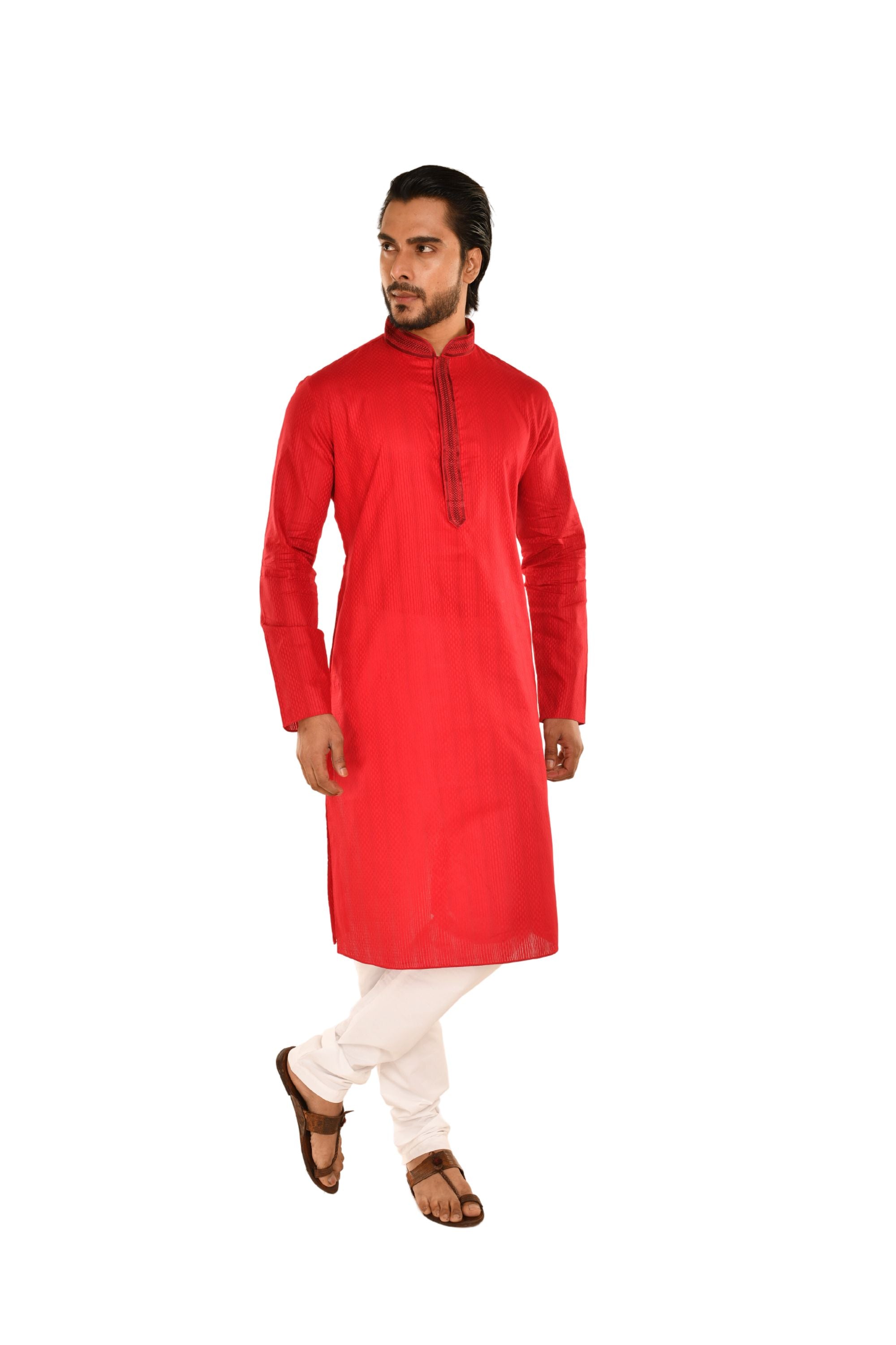 Cotton Striped Long Kurta with neck Embroidery Red