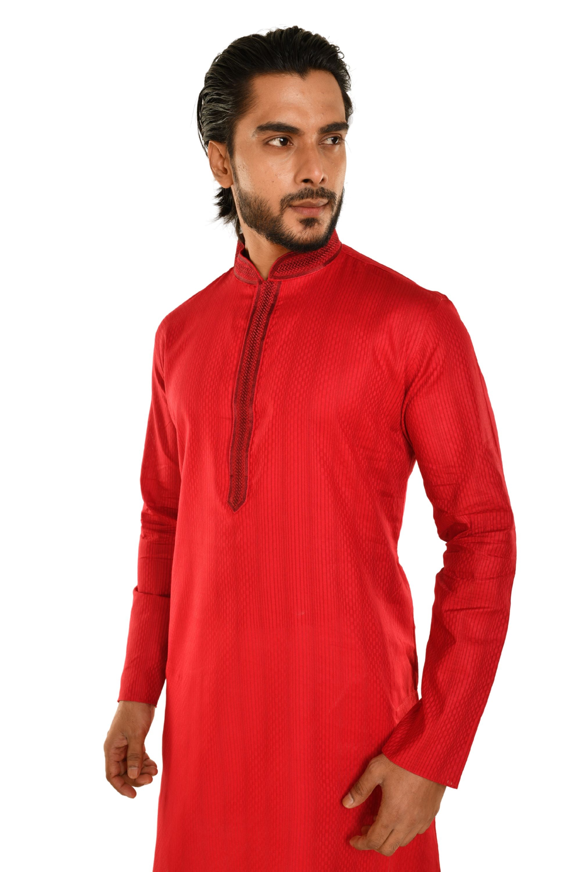 Cotton Striped Long Kurta with neck Embroidery