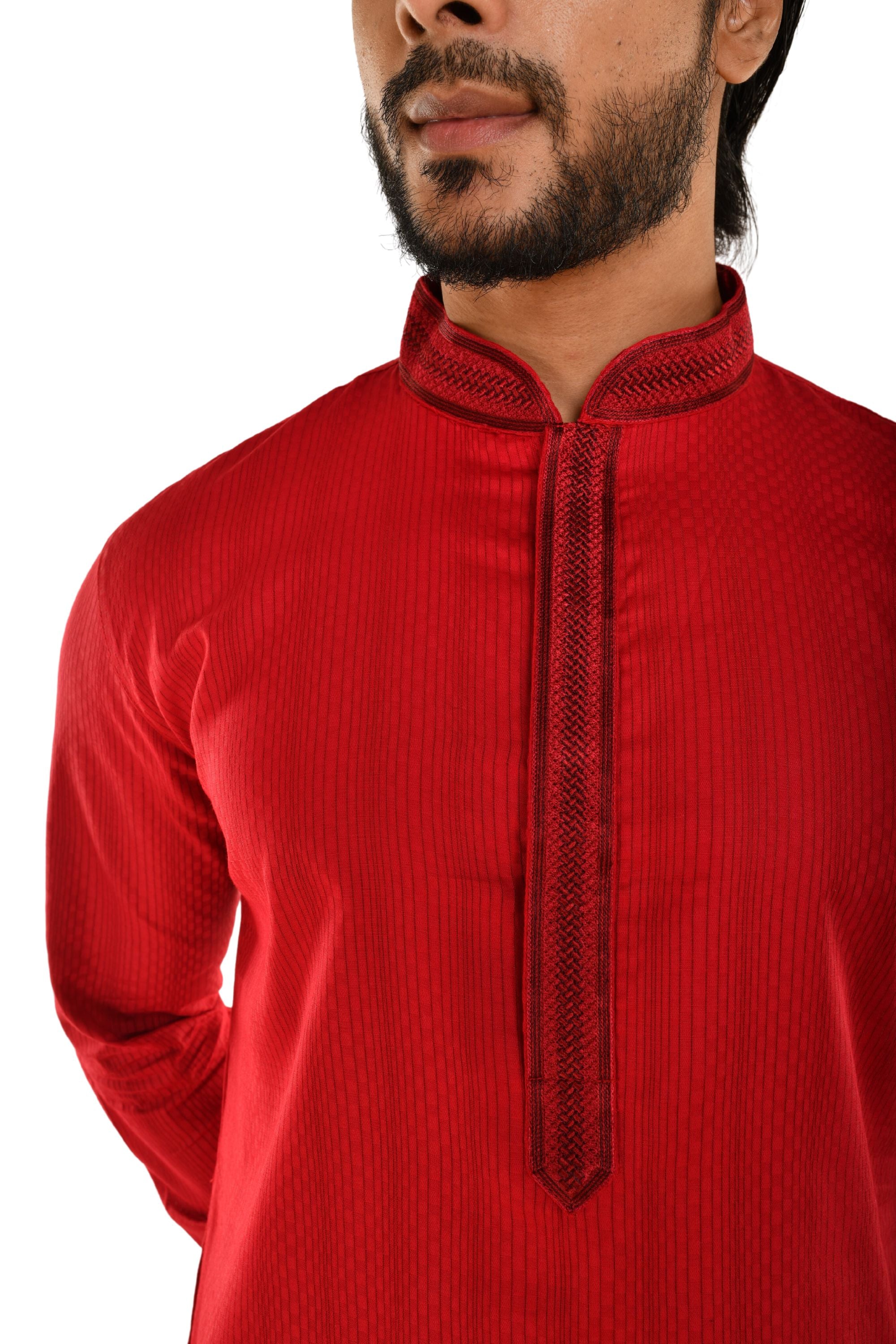 Cotton Striped Long Kurta with neck Embroidery
