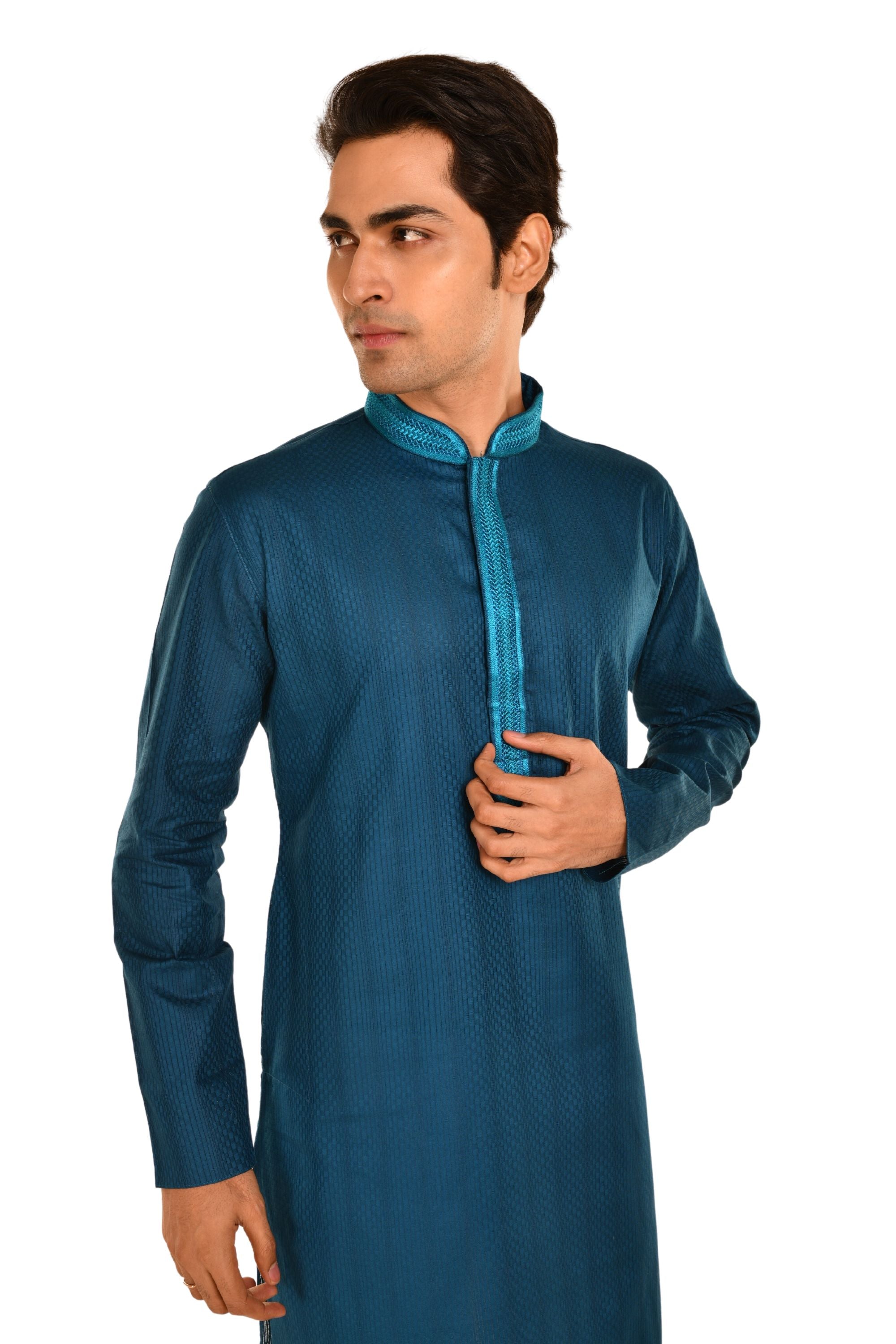 Cotton Striped Long Kurta with neck Embroidery