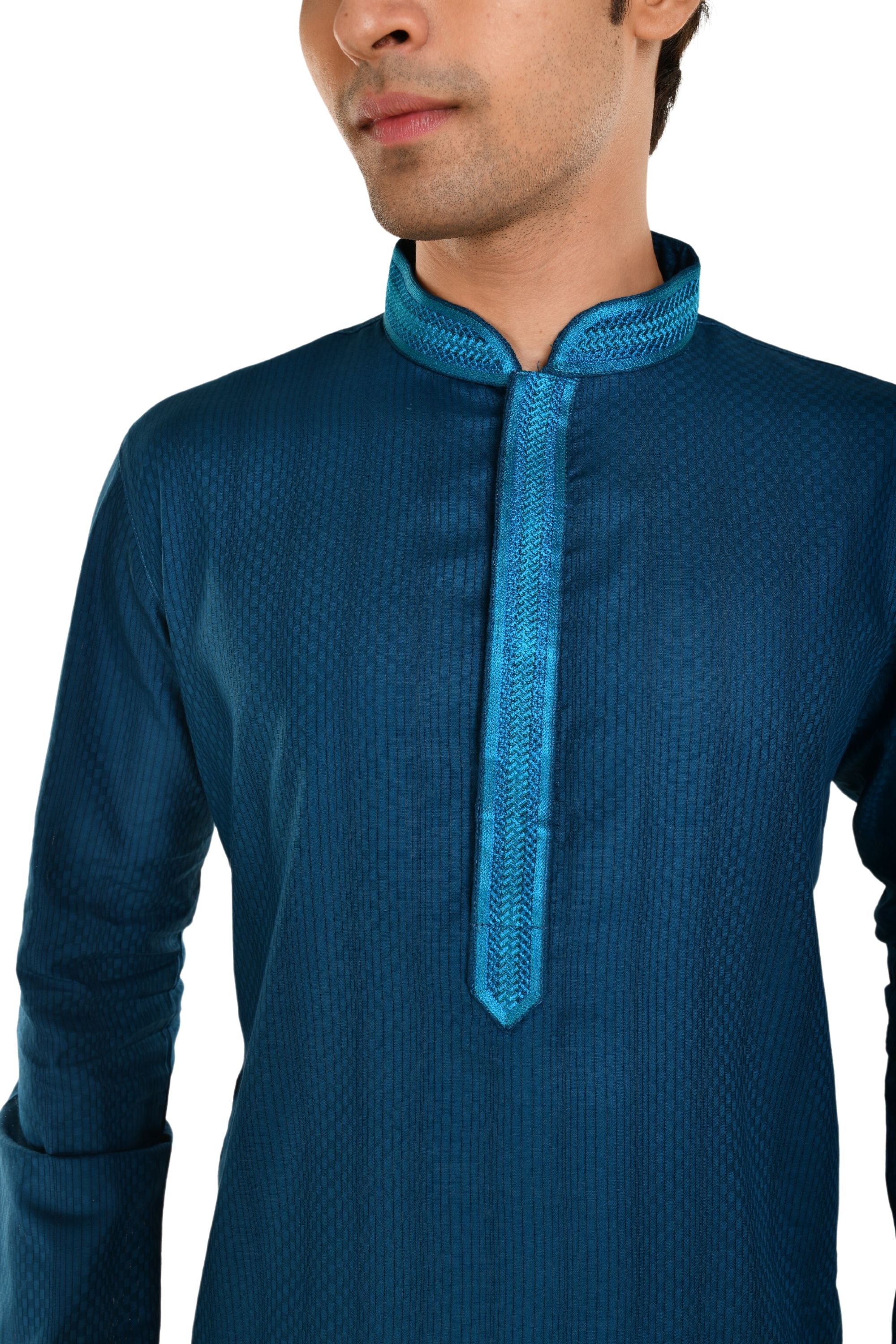 Cotton Striped Long Kurta with neck Embroidery