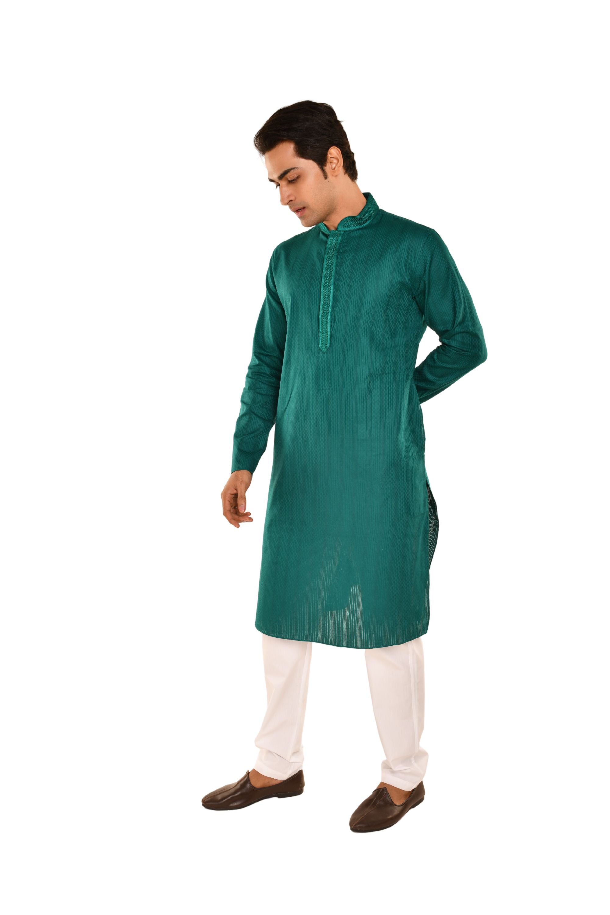 Cotton Striped Long Kurta with neck Embroidery Bottle Green