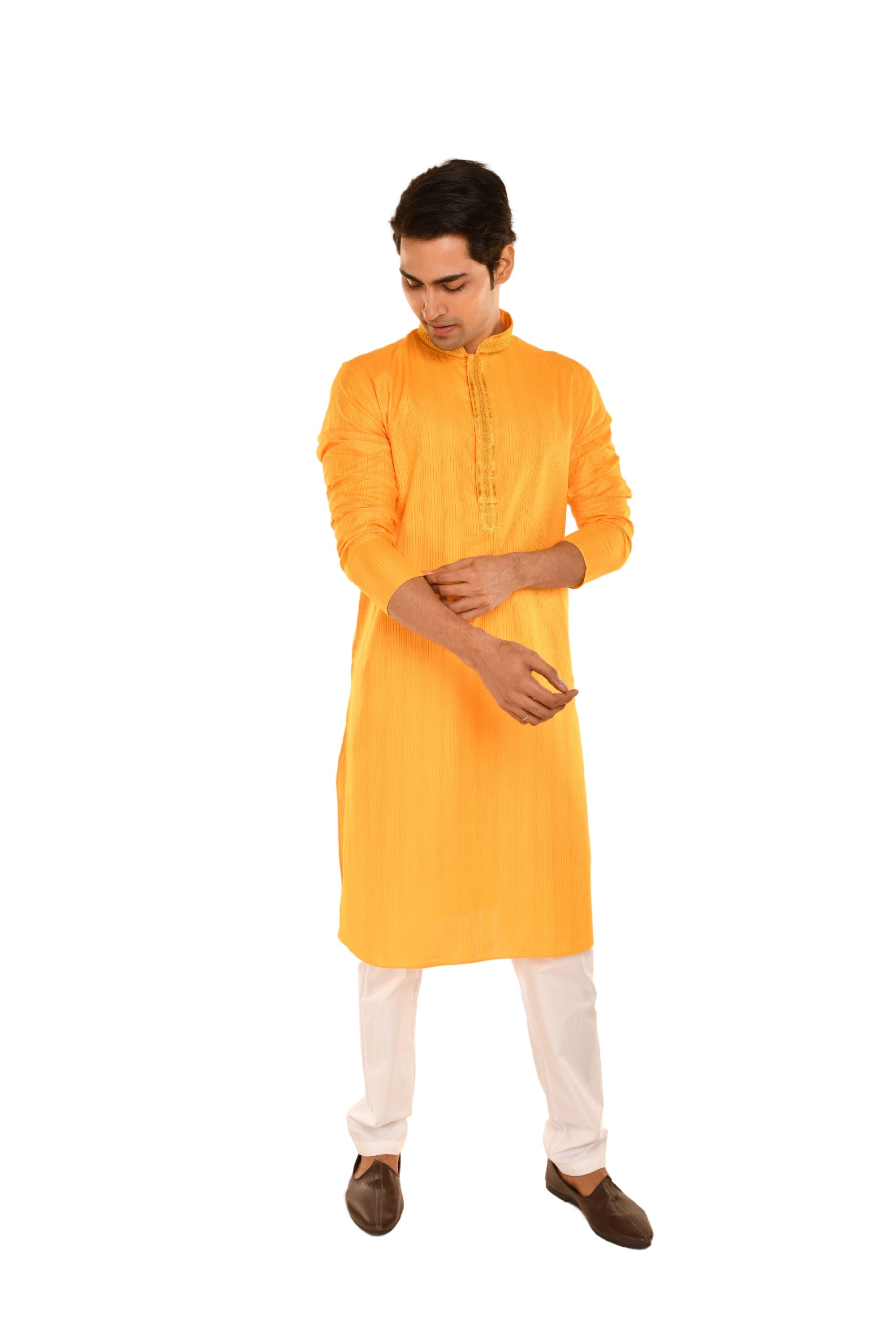 Cotton Striped Long Kurta with neck Embroidery Yellow