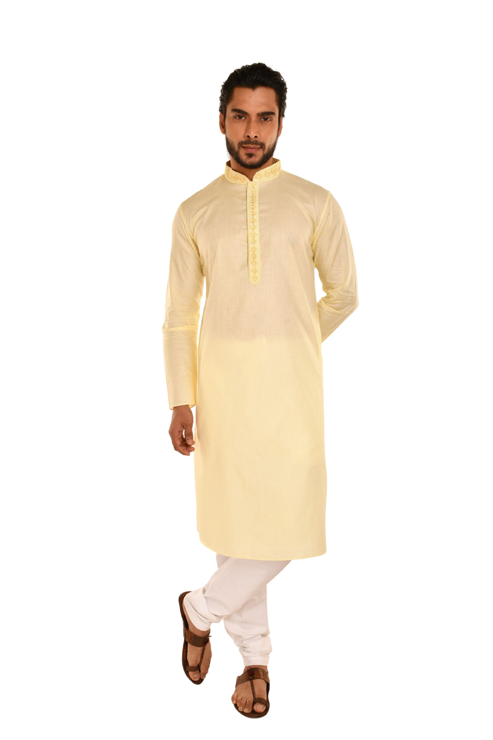 Floral Neck Embroidered Long Men's Kurta Lemon