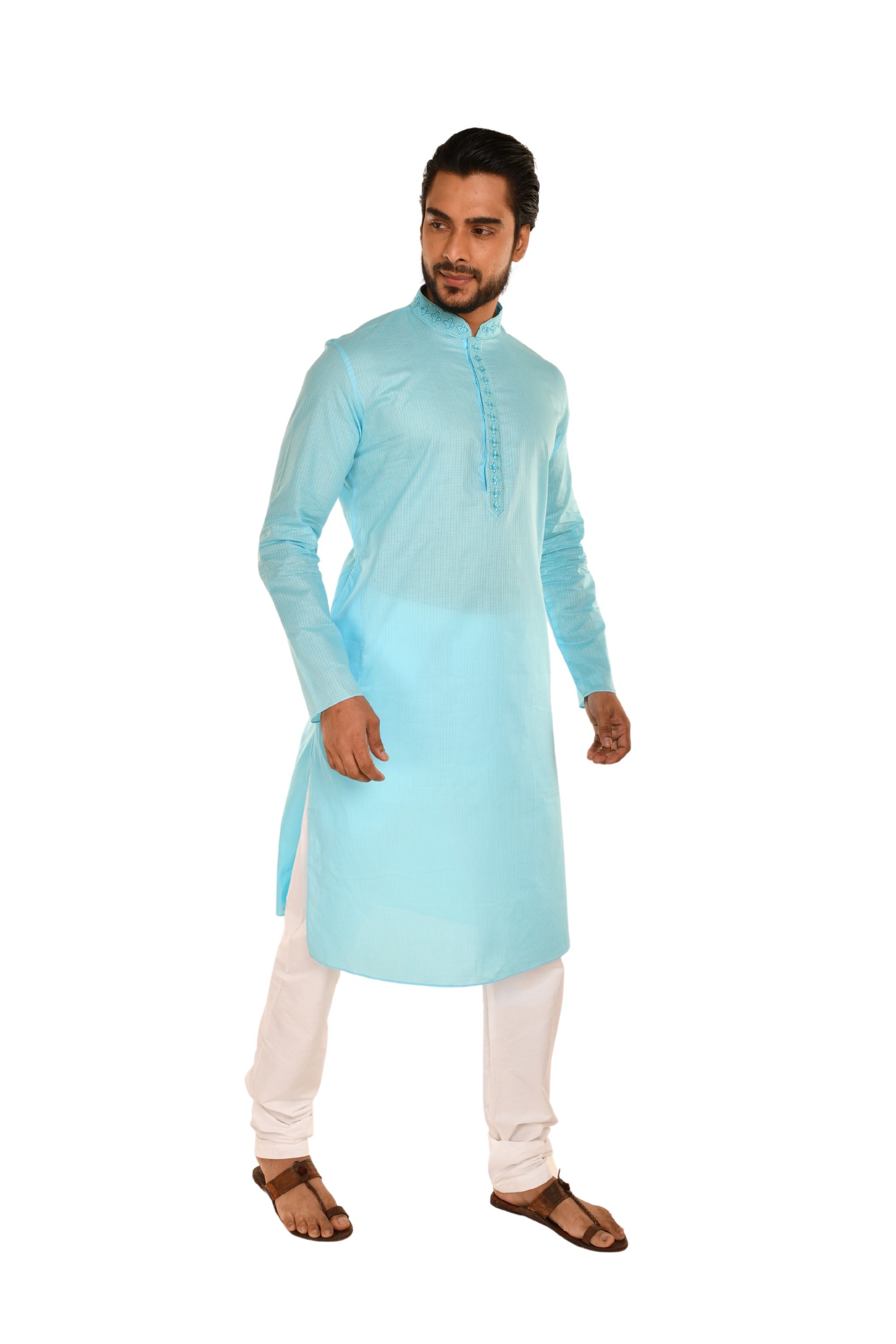 Floral Neck Embroidered Long Men's Kurta Sky Blue