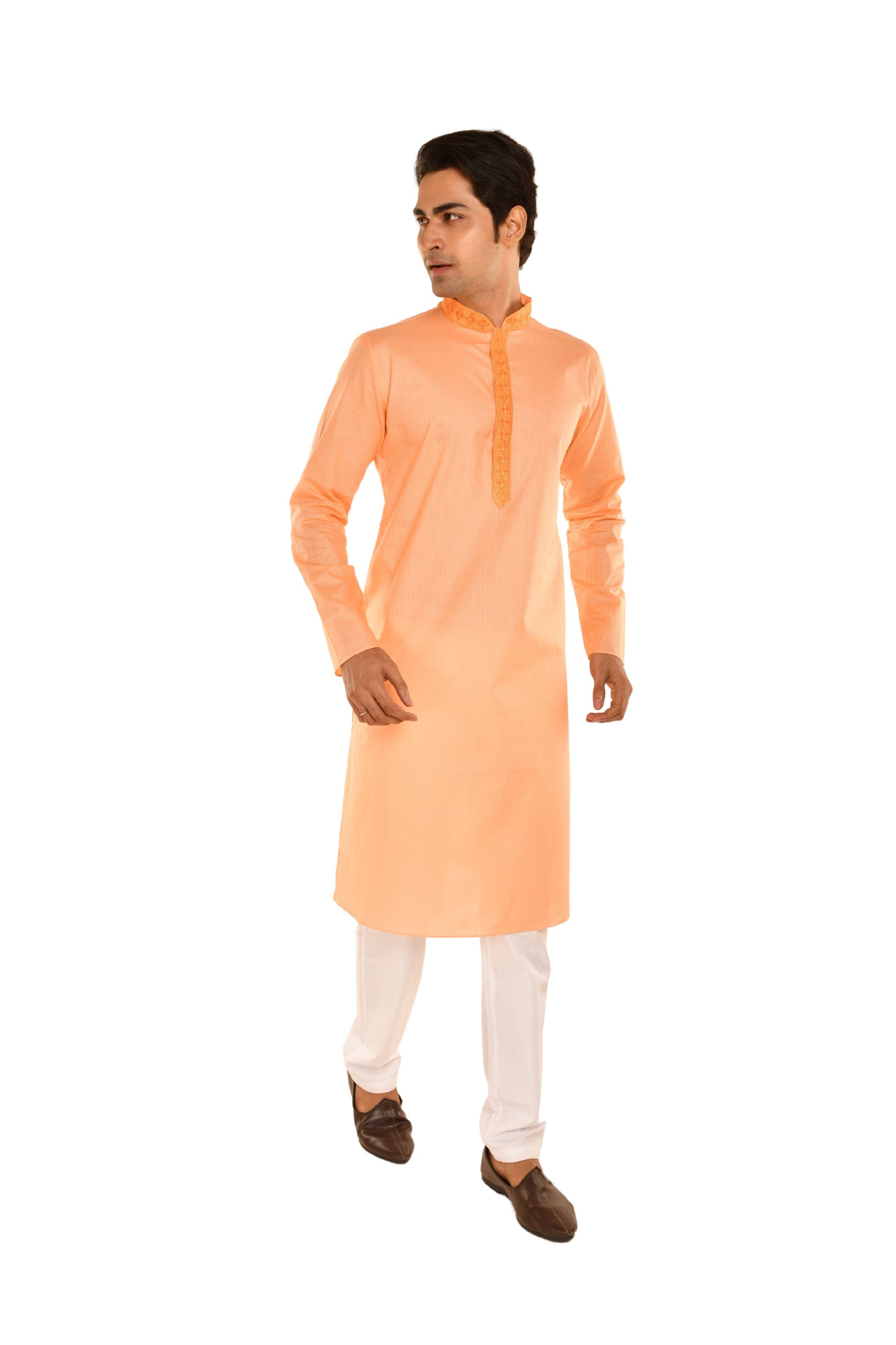 Floral Neck Embroidered Long Men's Kurta Peach