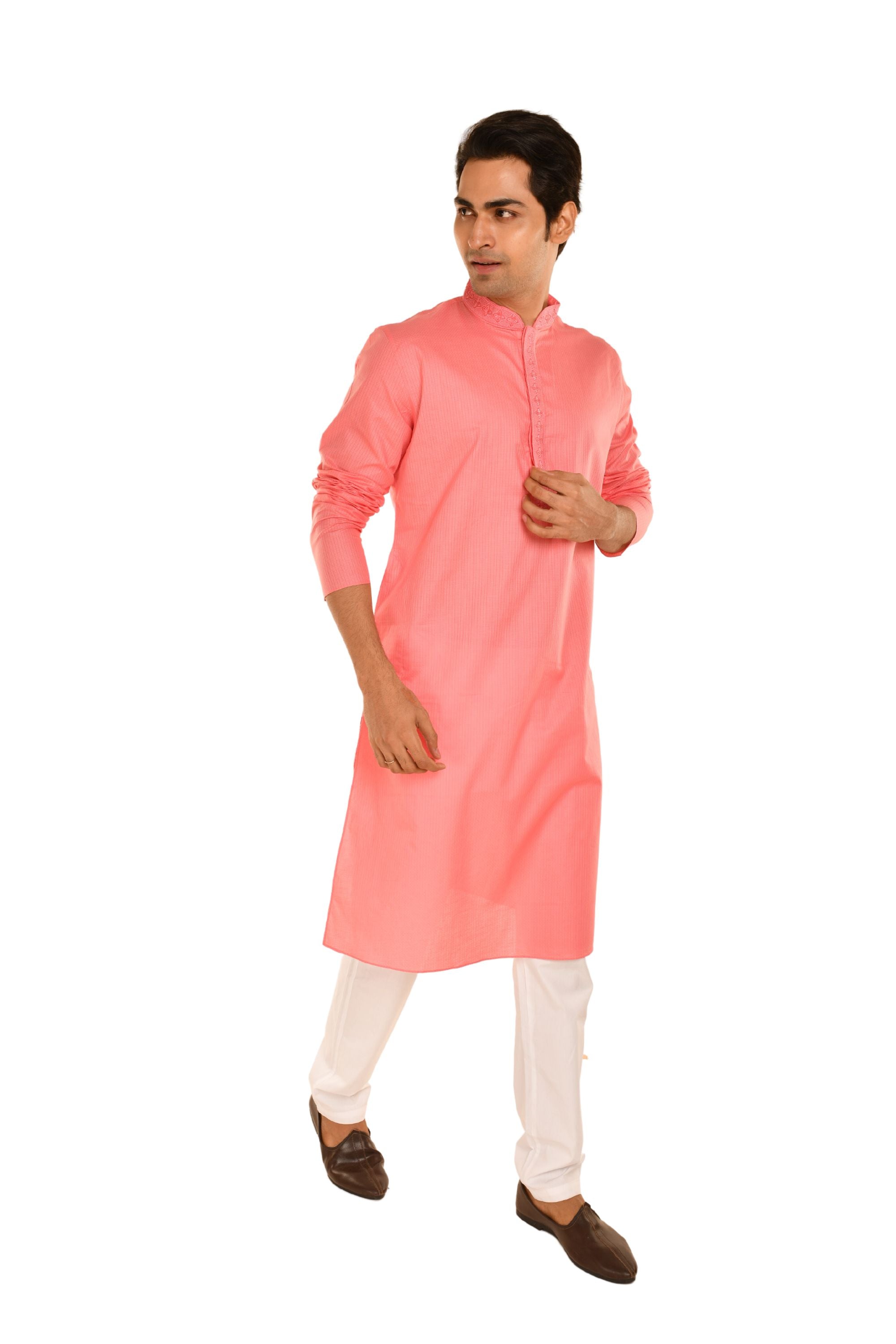 Floral Neck Embroidered Long Men's Kurta Pink