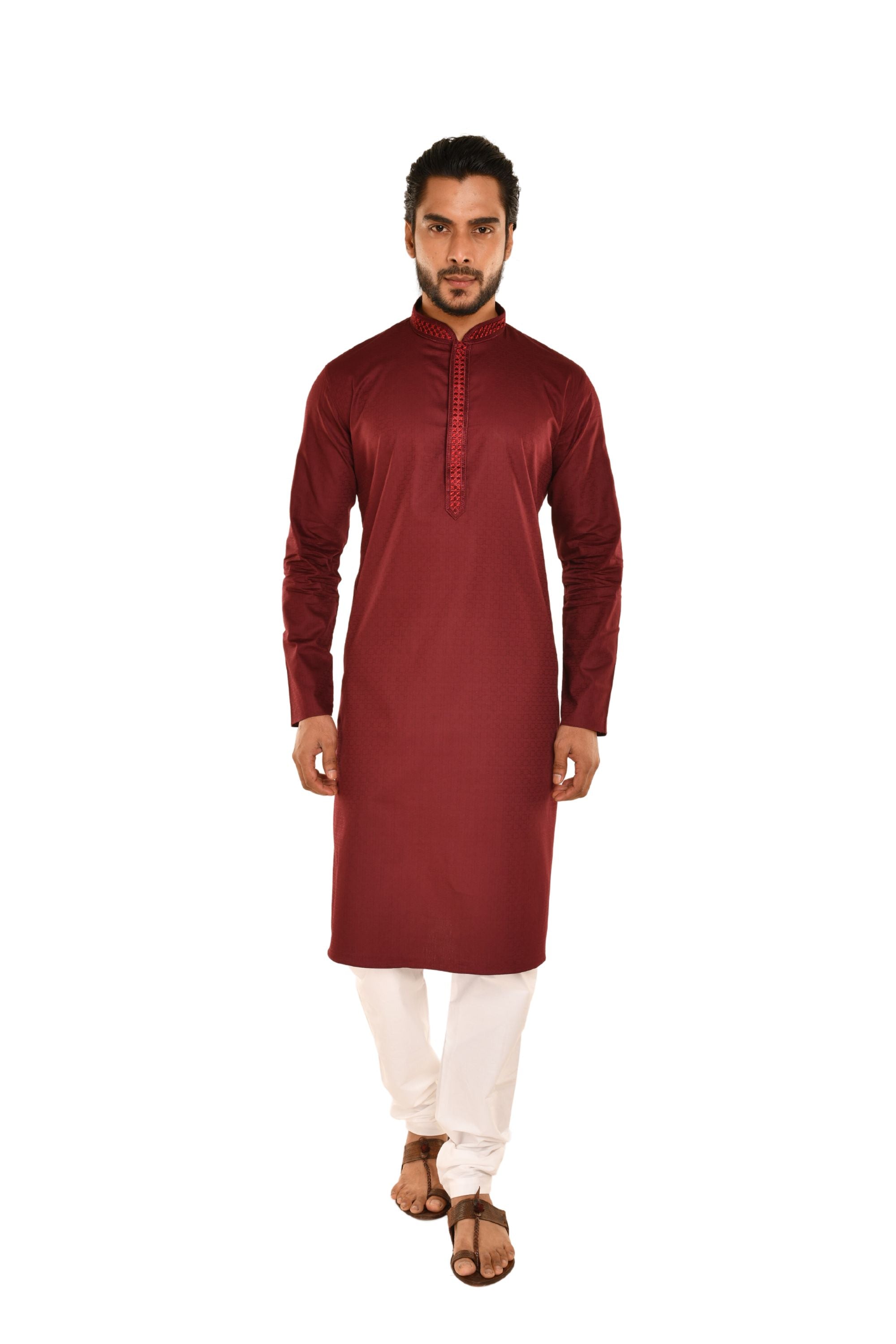 Delicate Neck Embroidered Cotton Kurta Maroon