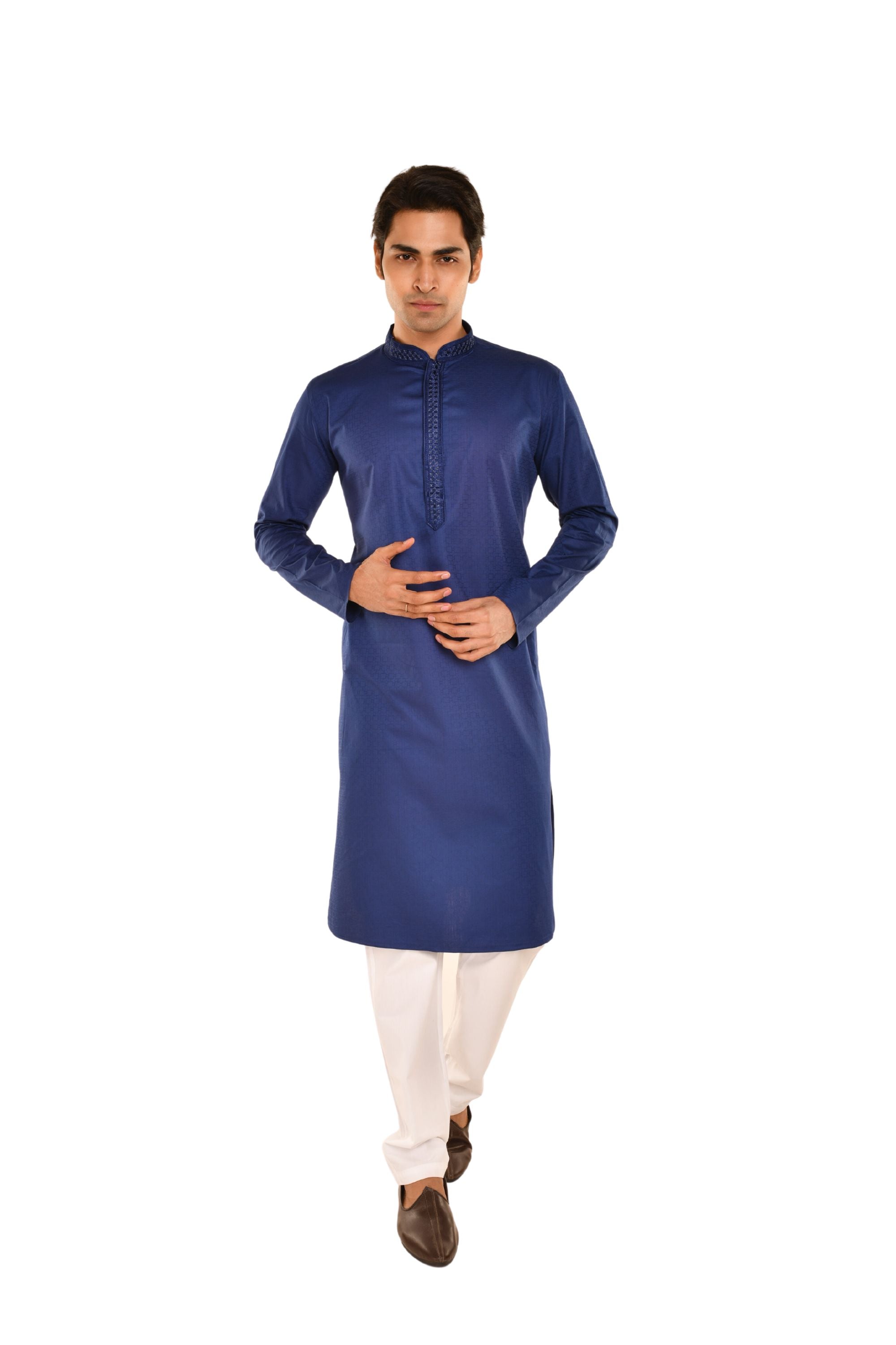 Delicate Neck Embroidered Cotton Kurta Royal Blue