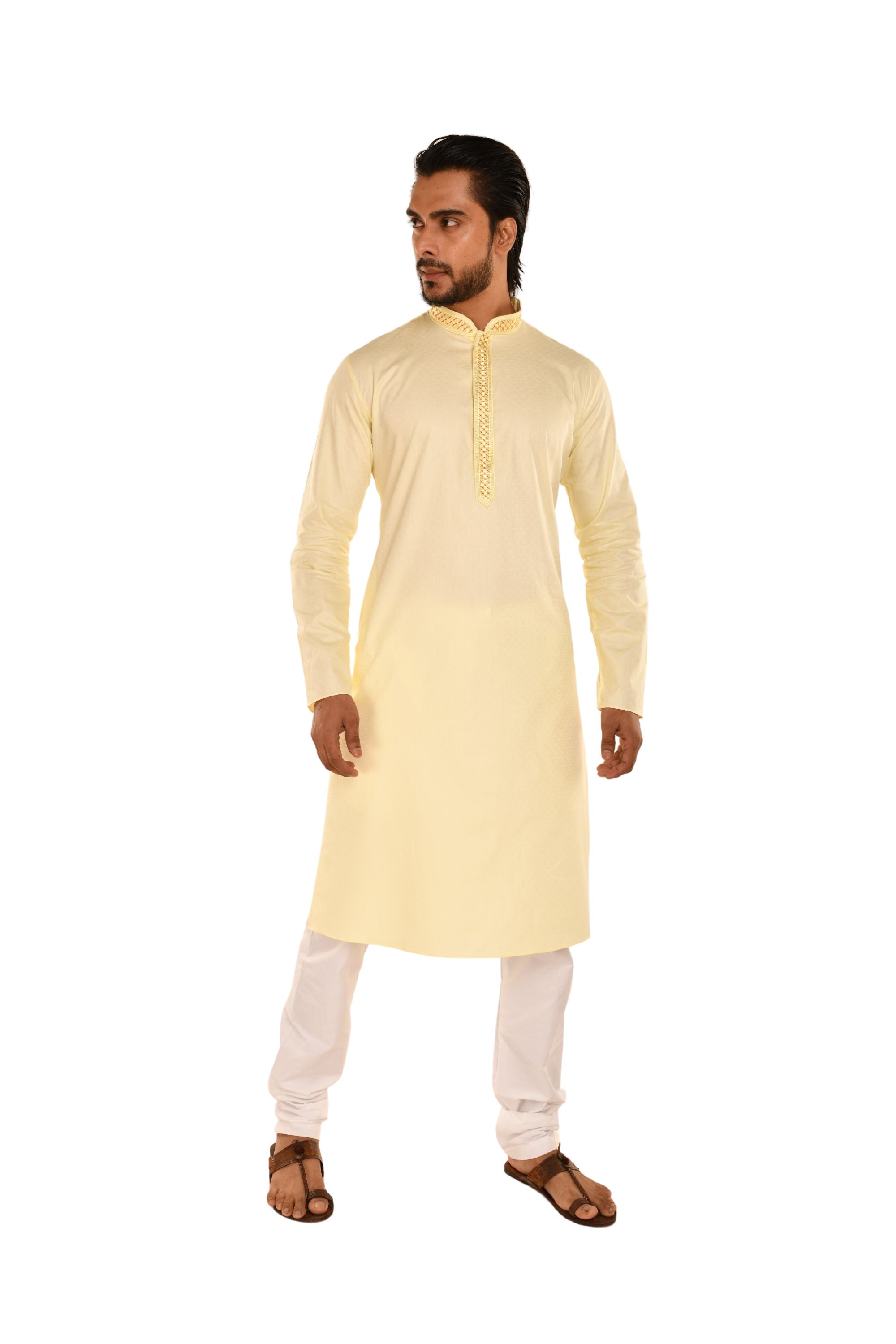 Delicate Neck Embroidered Cotton Kurta Lemon