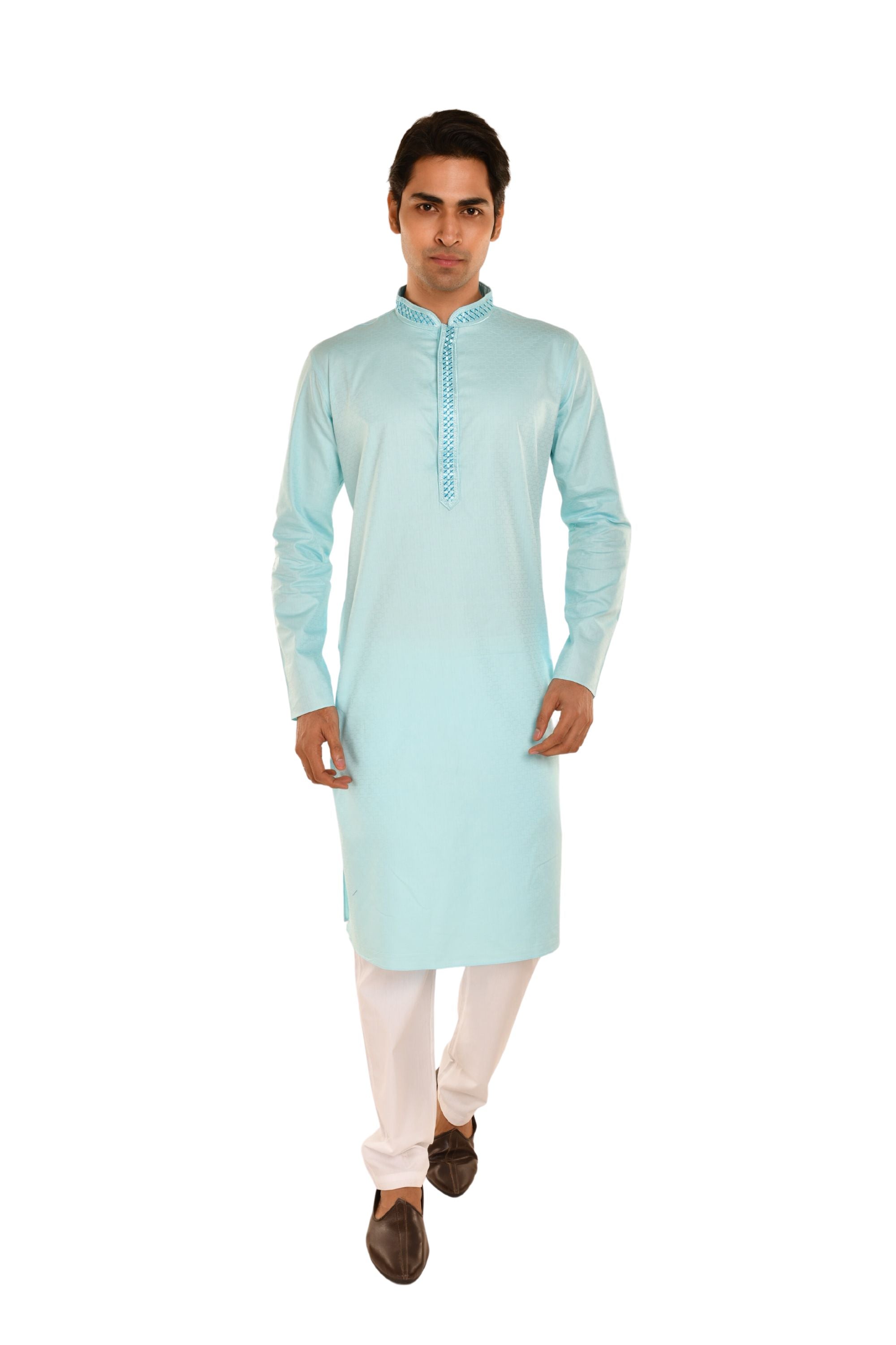 Delicate Neck Embroidered Cotton Kurta Sky Blue