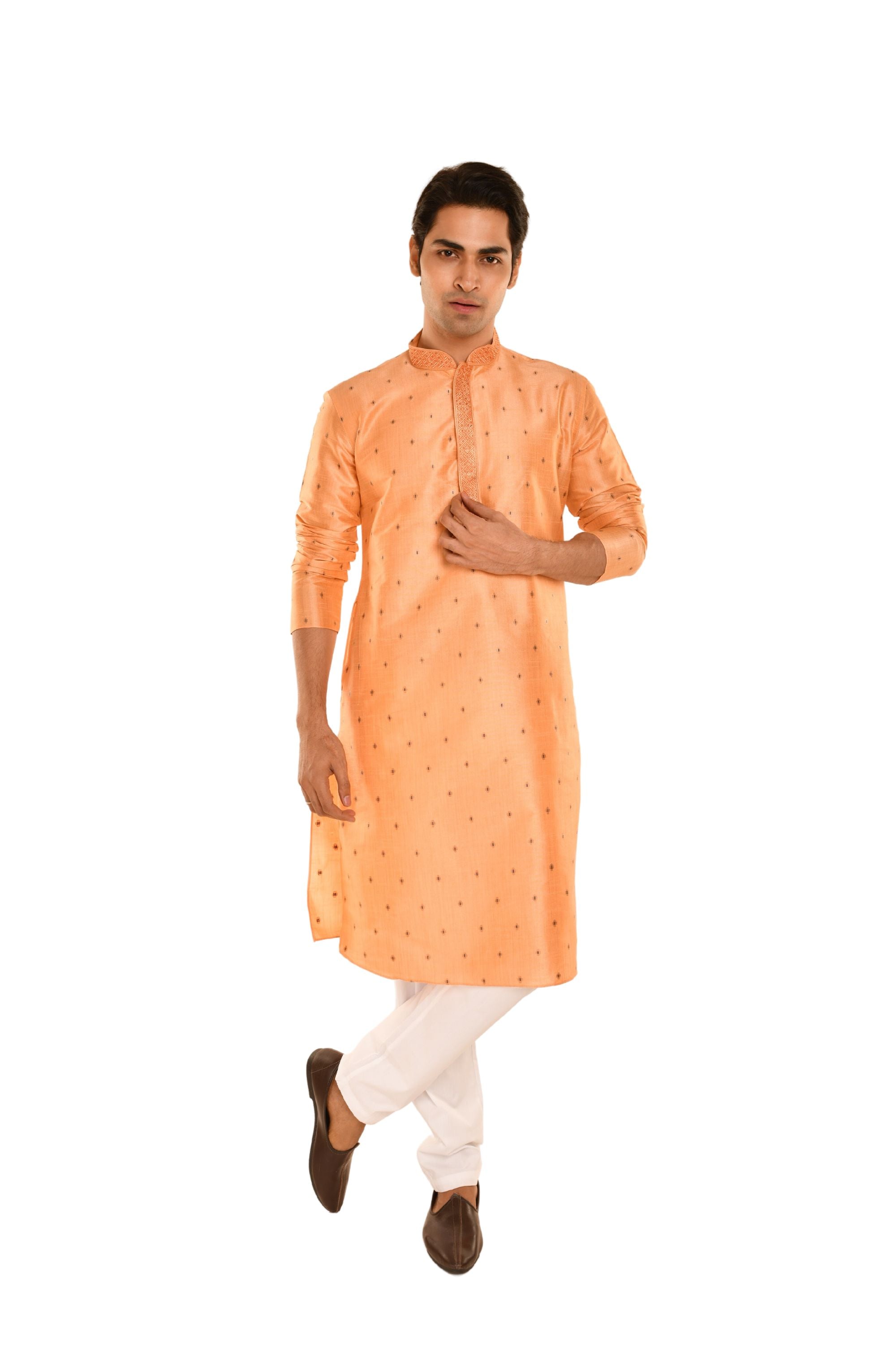 Geometric Woven Designed Embroidered Kurta Peach