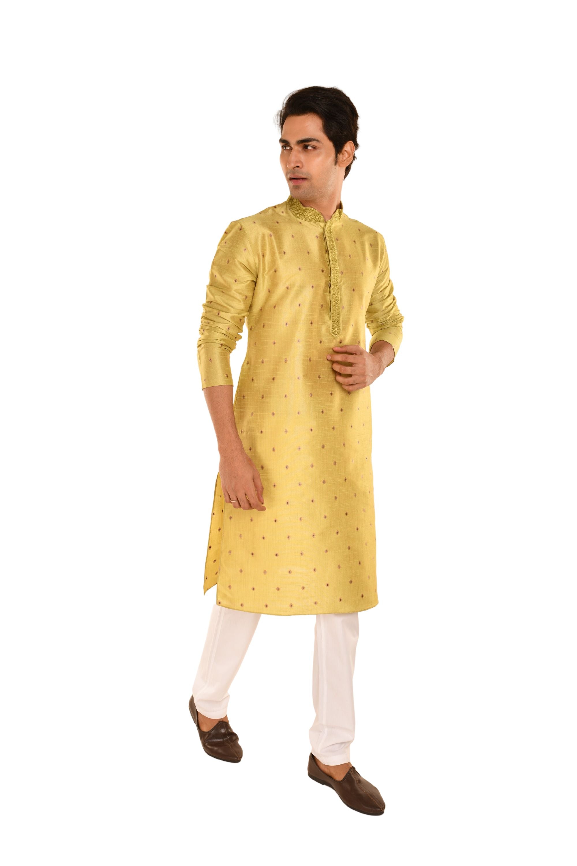Geometric Woven Designed Embroidered Kurta Mehndi