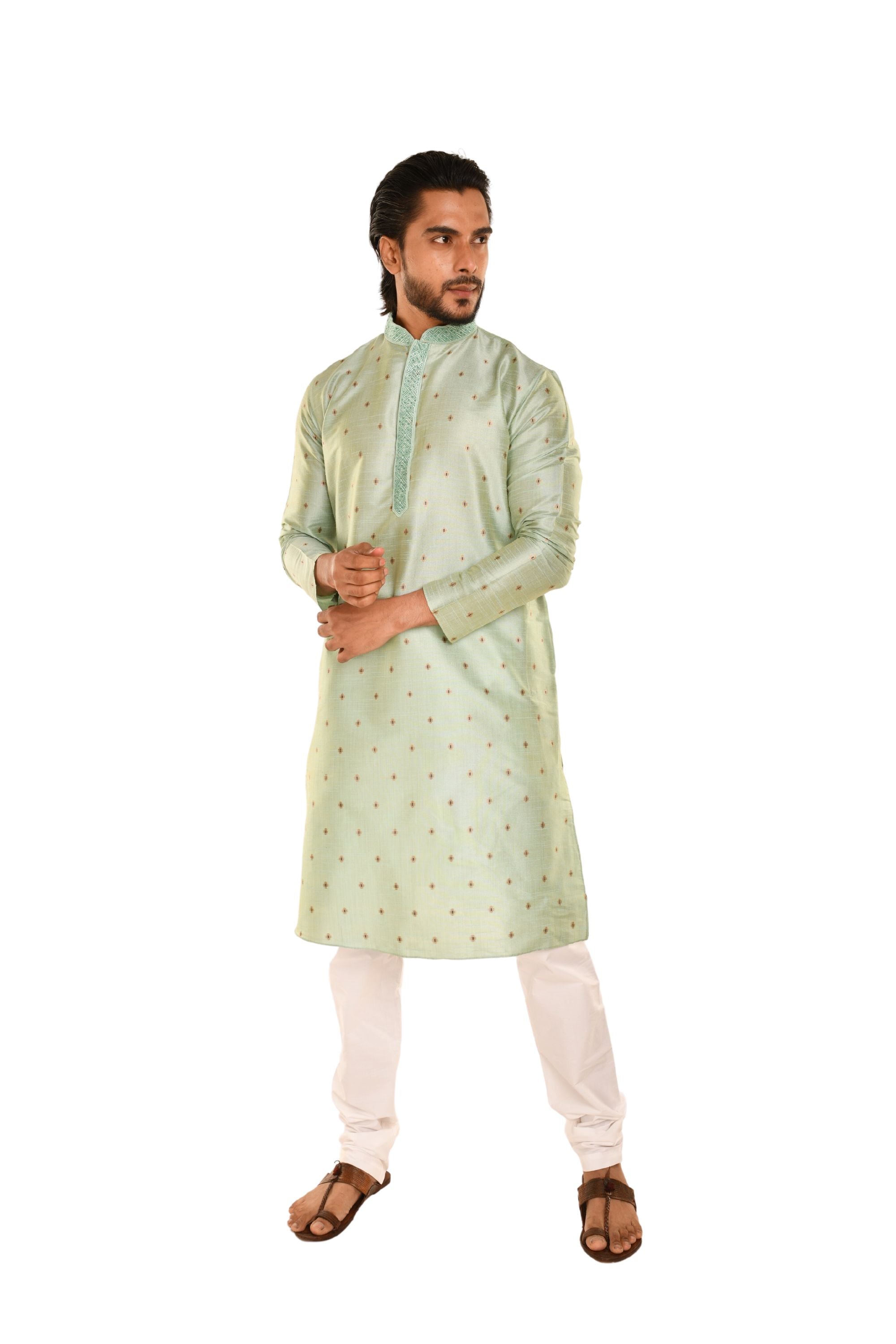 Geometric Woven Designed Embroidered Kurta Rama Green